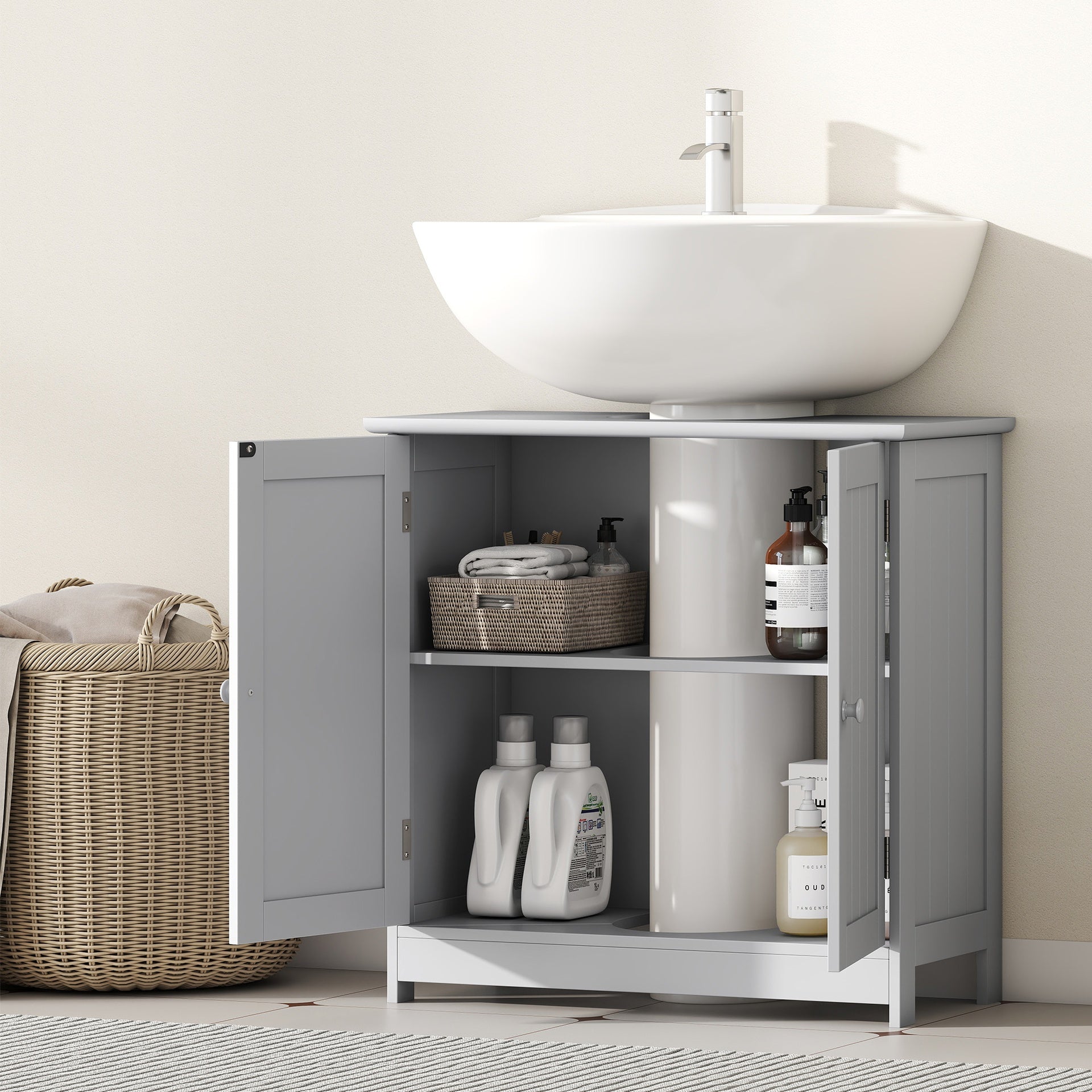 HOMCOM Bathroom Vanity Cabinet, Under Sink Bathroom Cabinet with 2 Doors and Adjustable Shelf, Light Gray