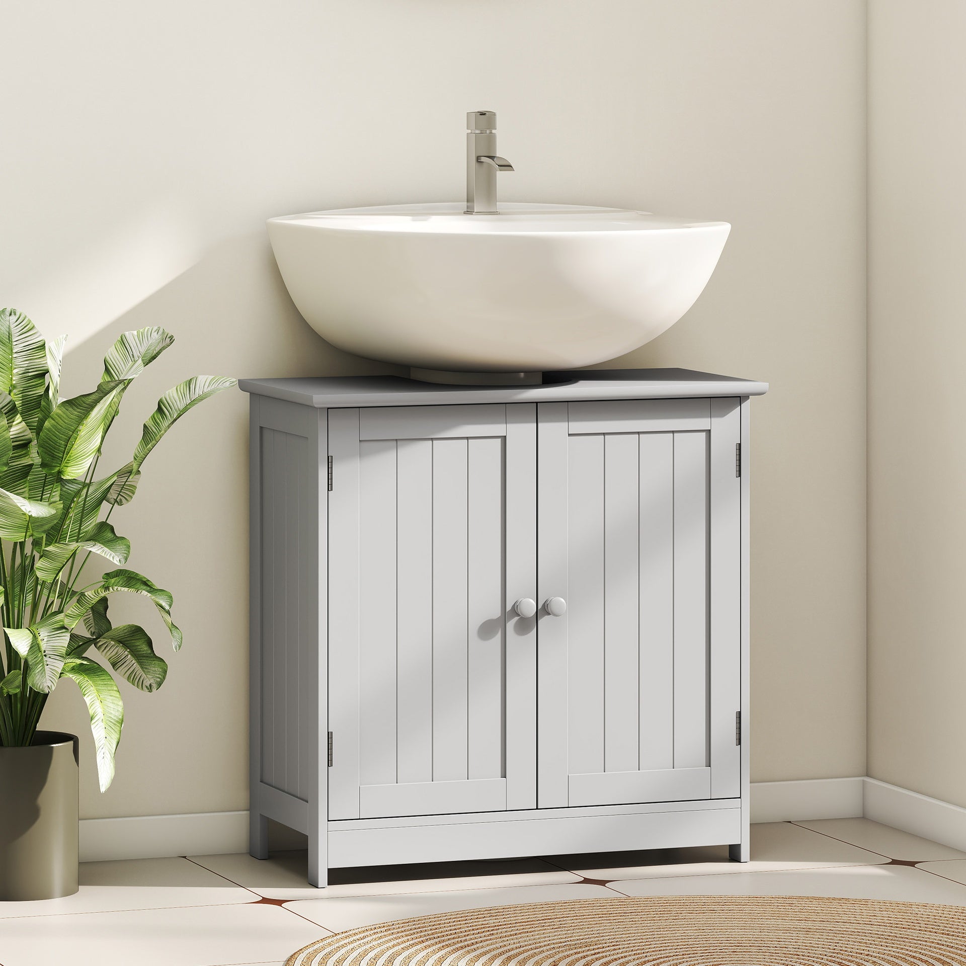 HOMCOM Bathroom Vanity Cabinet, Under Sink Bathroom Cabinet with 2 Doors and Adjustable Shelf, Light Gray