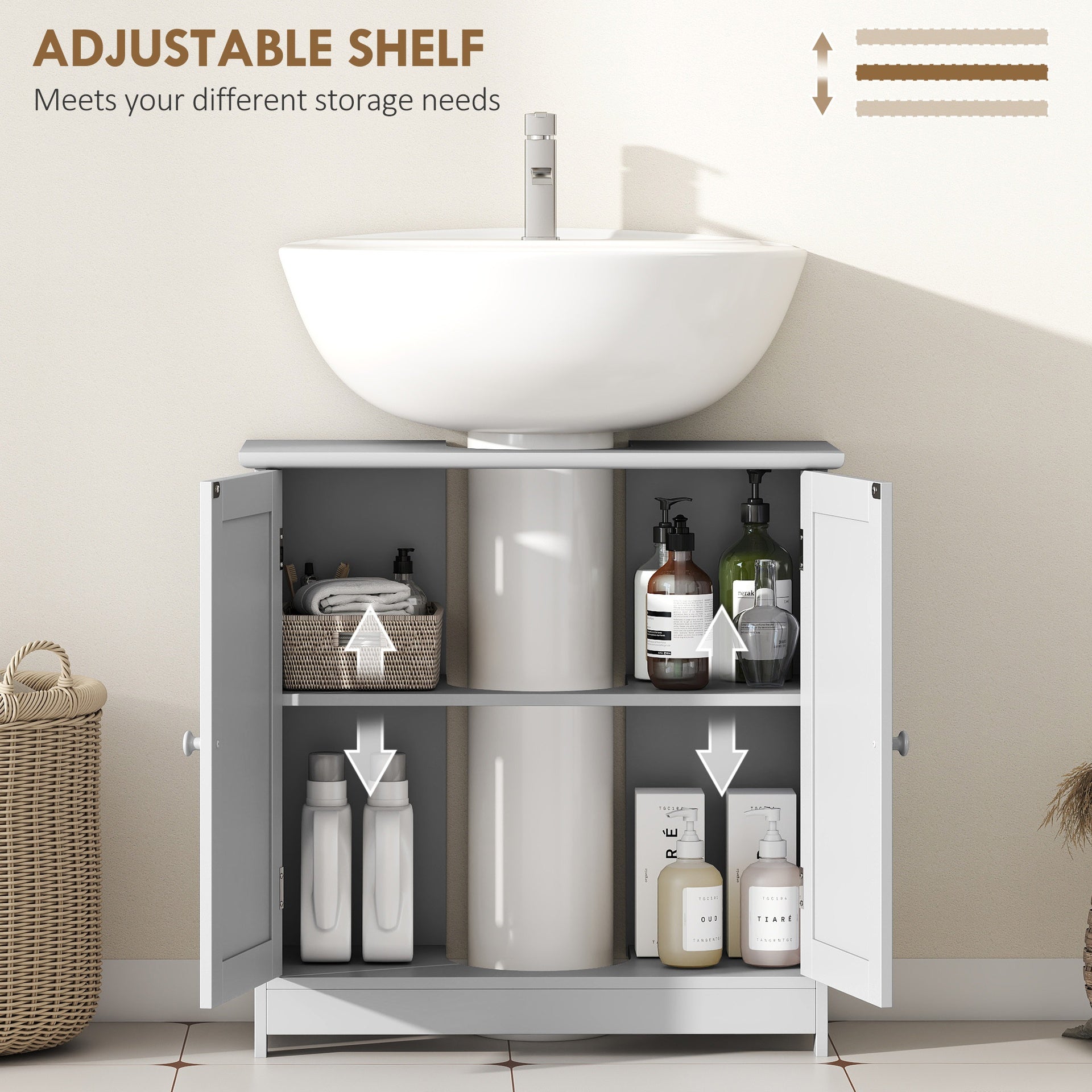 HOMCOM Bathroom Vanity Cabinet, Under Sink Bathroom Cabinet with 2 Doors and Adjustable Shelf, Light Gray