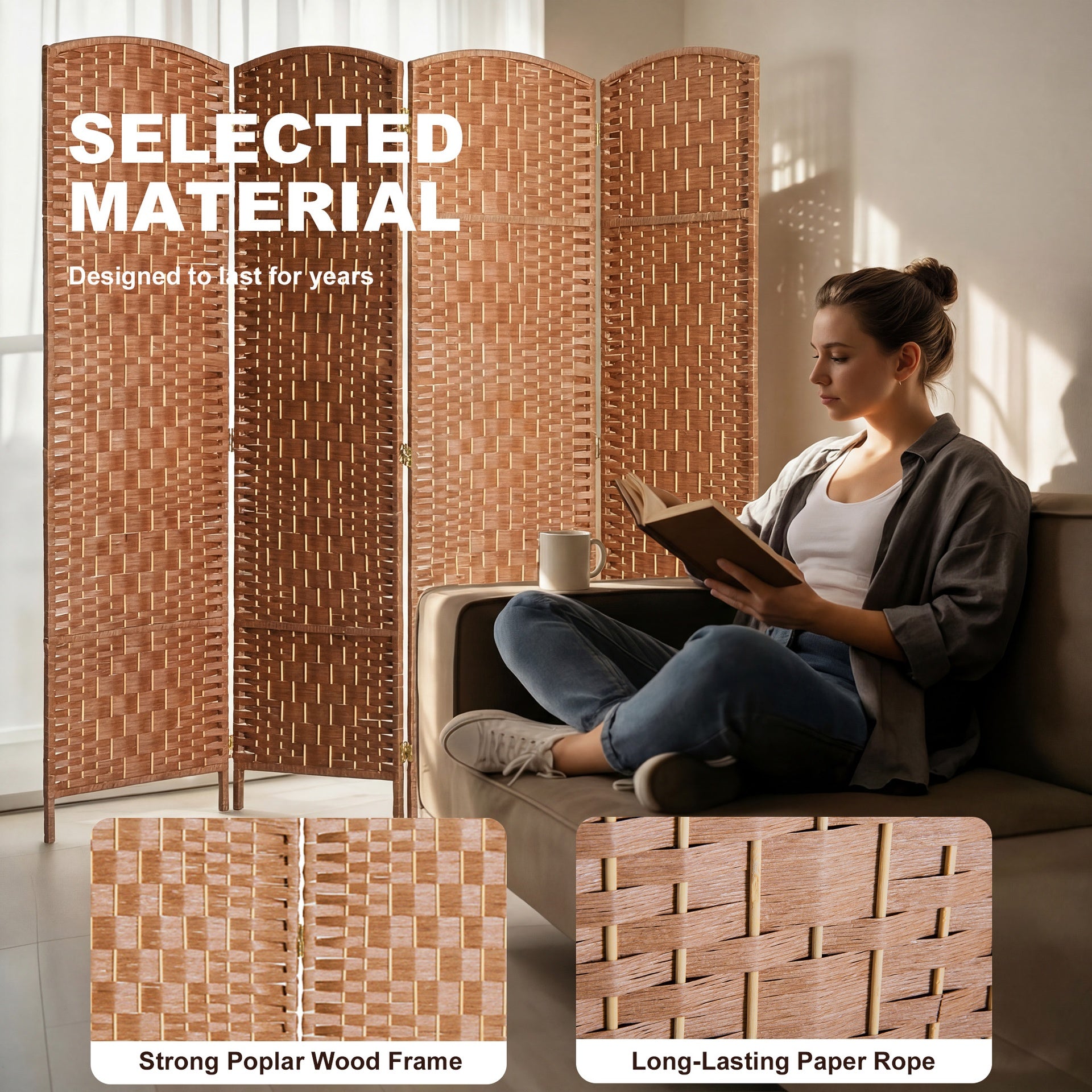 HOMCOM Room Divider 4 Panel, 6FT Tall Folding Privacy Screen, Freestanding Hand-Woven Partition for Room Separation with 360° Hinges, Paper Rope Diamond Weave, Natural