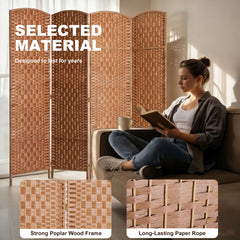 HOMCOM Room Divider 4 Panel, 6FT Tall Folding Privacy Screen, Freestanding Hand-Woven Partition for Room Separation with 360° Hinges, Paper Rope Diamond Weave, Natural