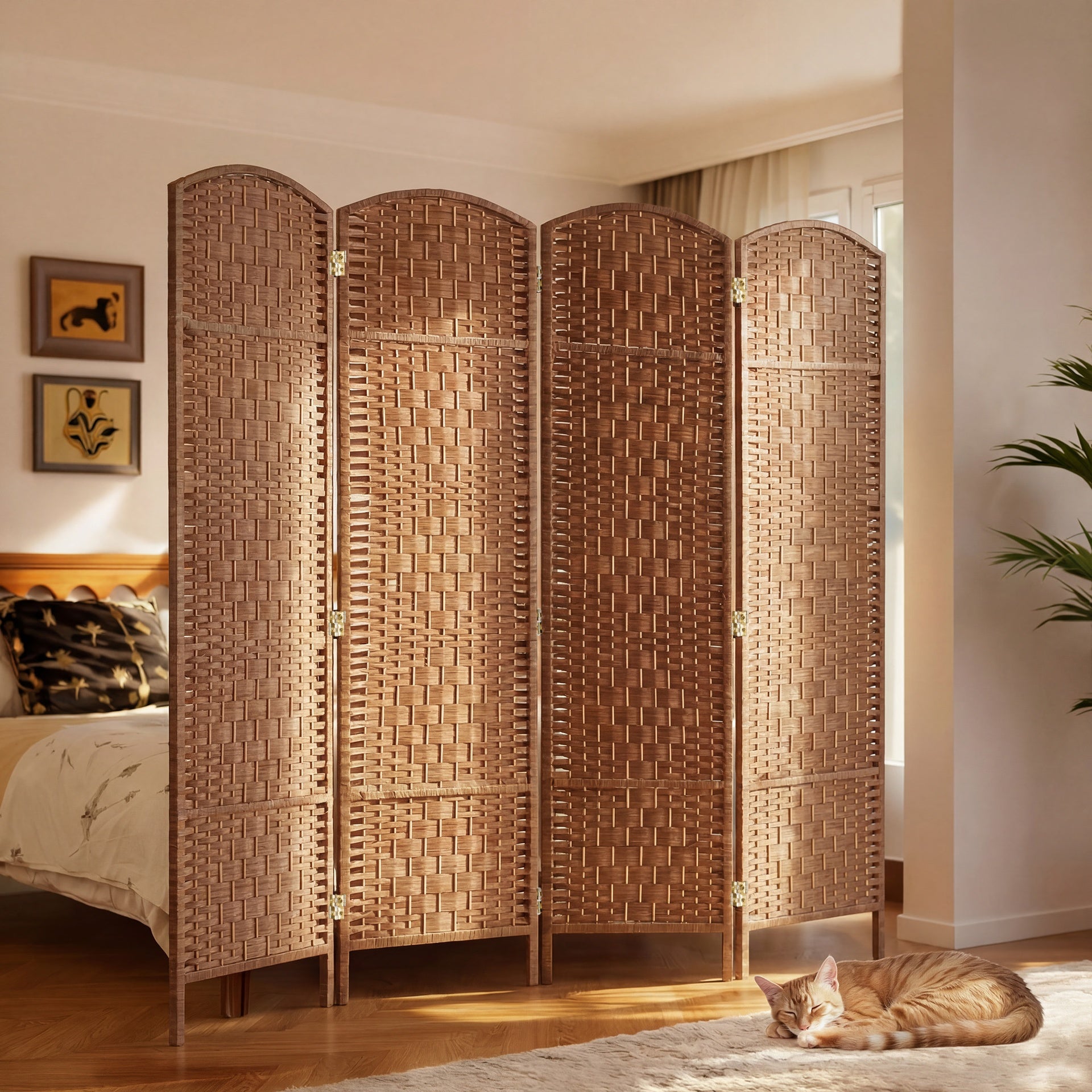 HOMCOM Room Divider 4 Panel, 6FT Tall Folding Privacy Screen, Freestanding Hand-Woven Partition for Room Separation with 360° Hinges, Paper Rope Diamond Weave, Natural