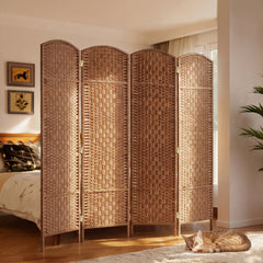 HOMCOM Room Divider 4 Panel, 6FT Tall Folding Privacy Screen, Freestanding Hand-Woven Partition for Room Separation with 360° Hinges, Paper Rope Diamond Weave, Natural