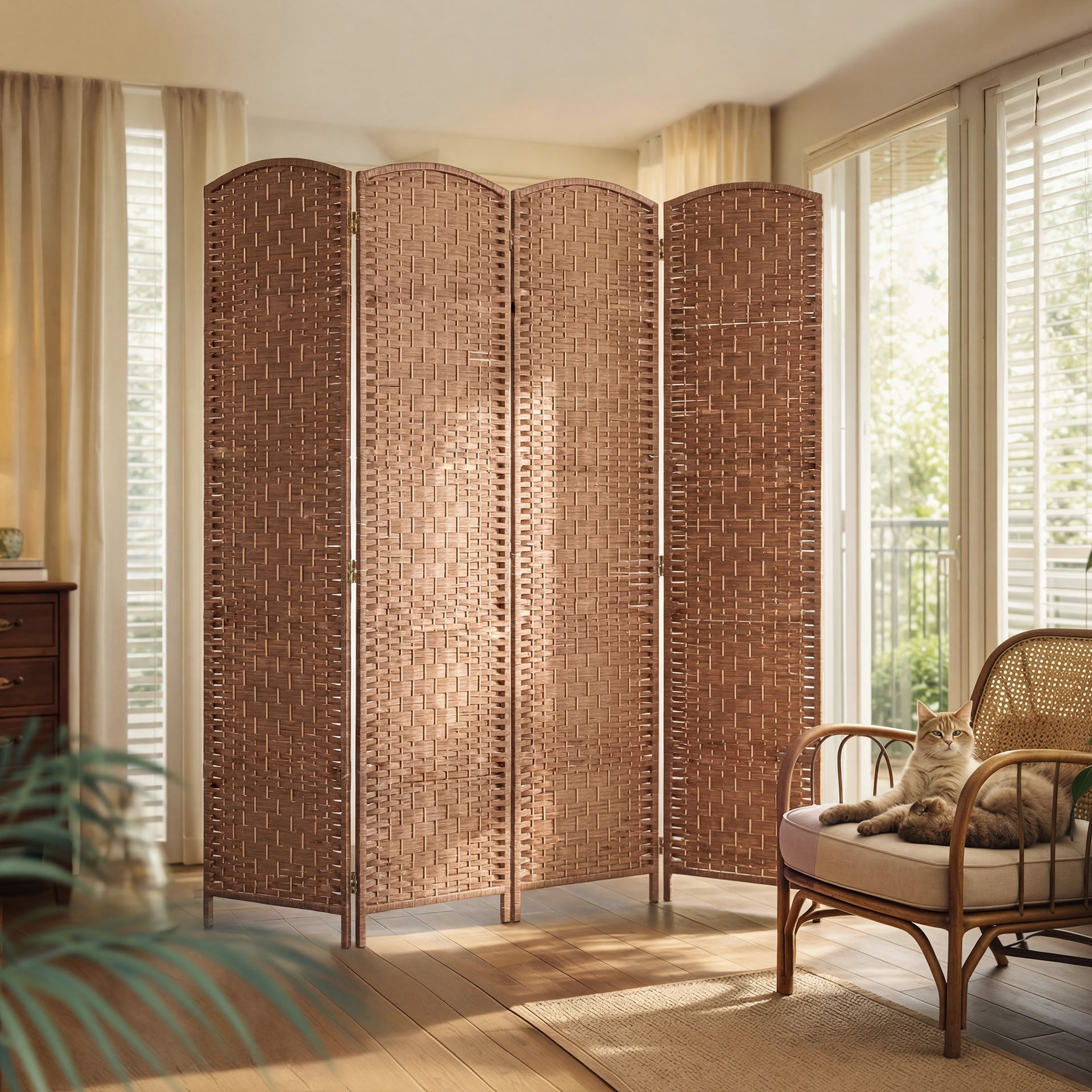 HOMCOM Room Divider 4 Panel, 6FT Tall Folding Privacy Screen, Freestanding Hand-Woven Partition for Room Separation with 360° Hinges, Paper Rope Diamond Weave, Natural