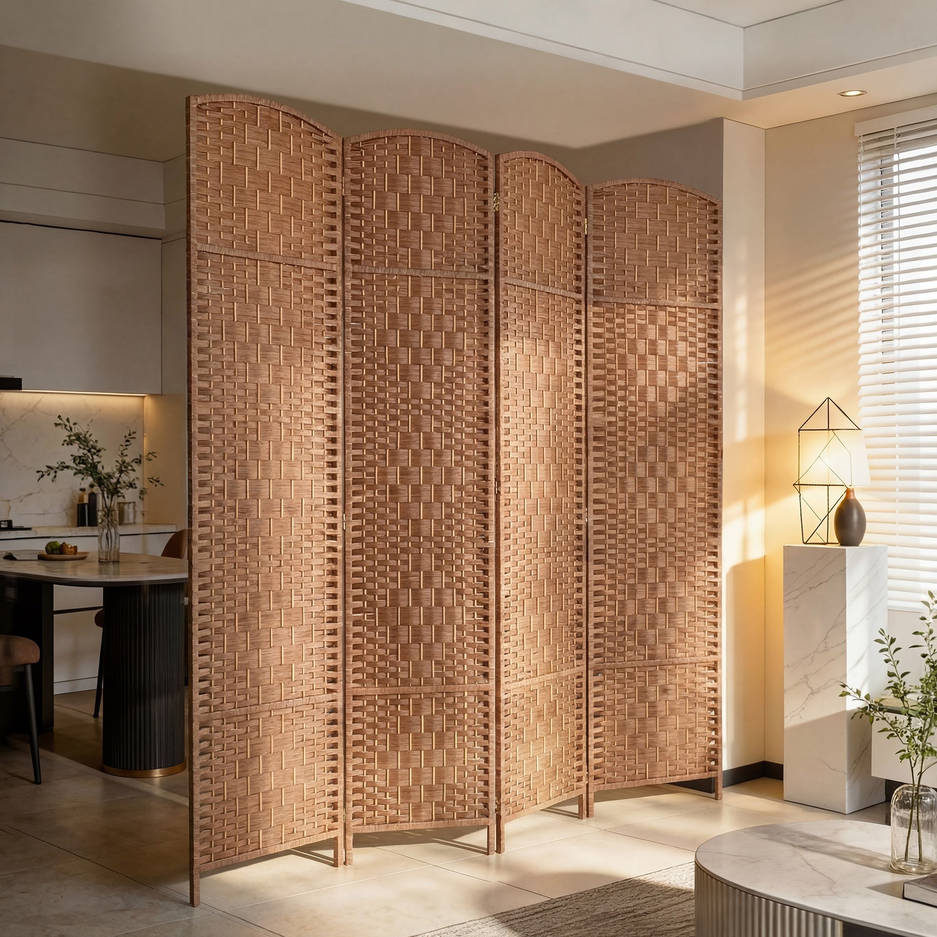 HOMCOM Room Divider 4 Panel, 6FT Tall Folding Privacy Screen, Freestanding Hand-Woven Partition for Room Separation with 360° Hinges, Paper Rope Diamond Weave, Natural
