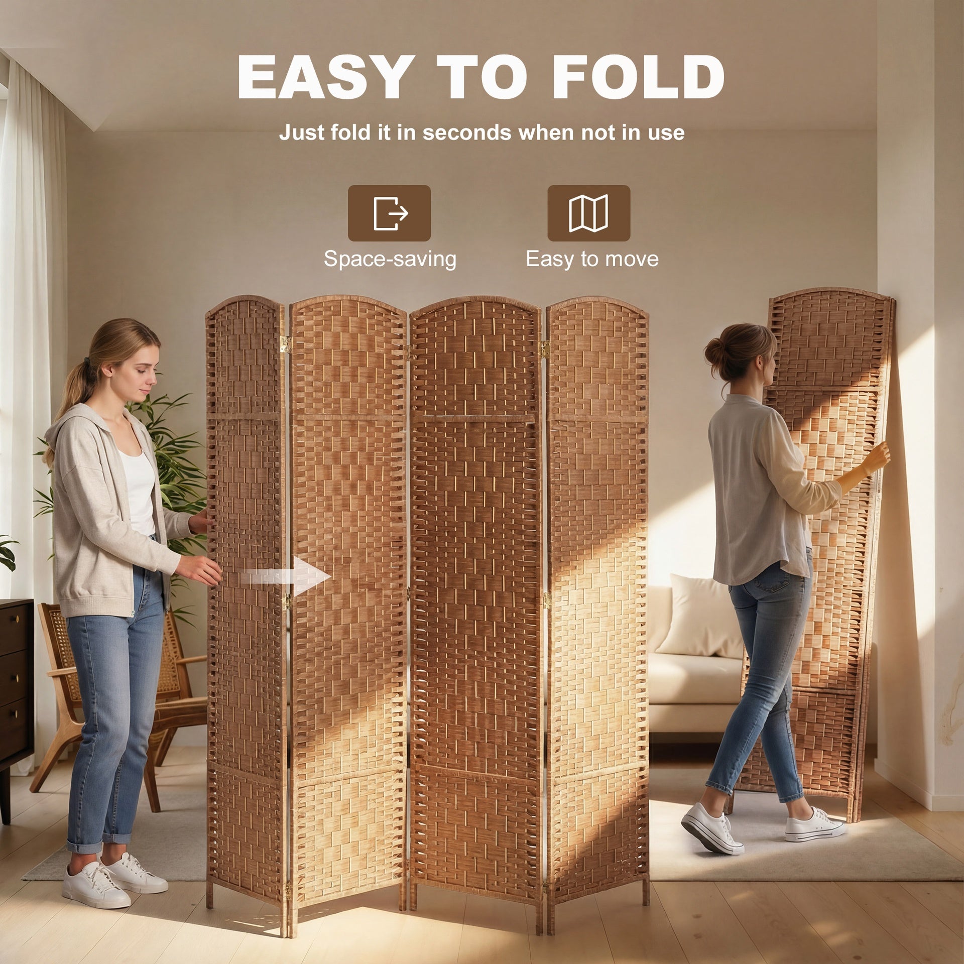 HOMCOM Room Divider 4 Panel, 6FT Tall Folding Privacy Screen, Freestanding Hand-Woven Partition for Room Separation with 360° Hinges, Paper Rope Diamond Weave, Natural