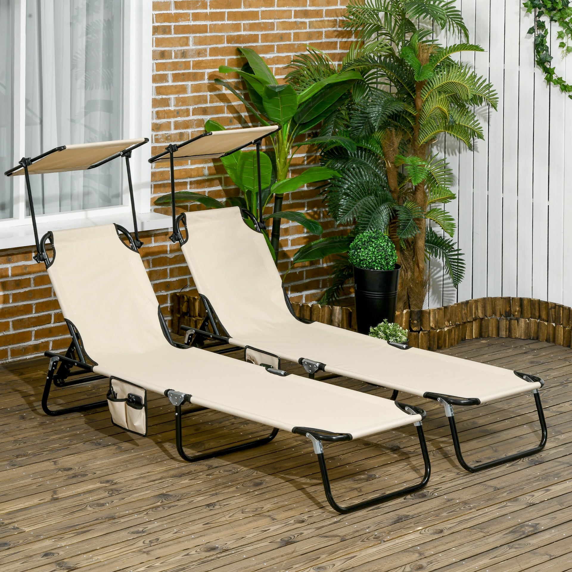 Outsunny Chaise Lounge Pool Lounge Chairs Set of 2, Outdoor Sun Tanning Chairs, Reclining Back, Steel Frame and Side Pocket, Tan