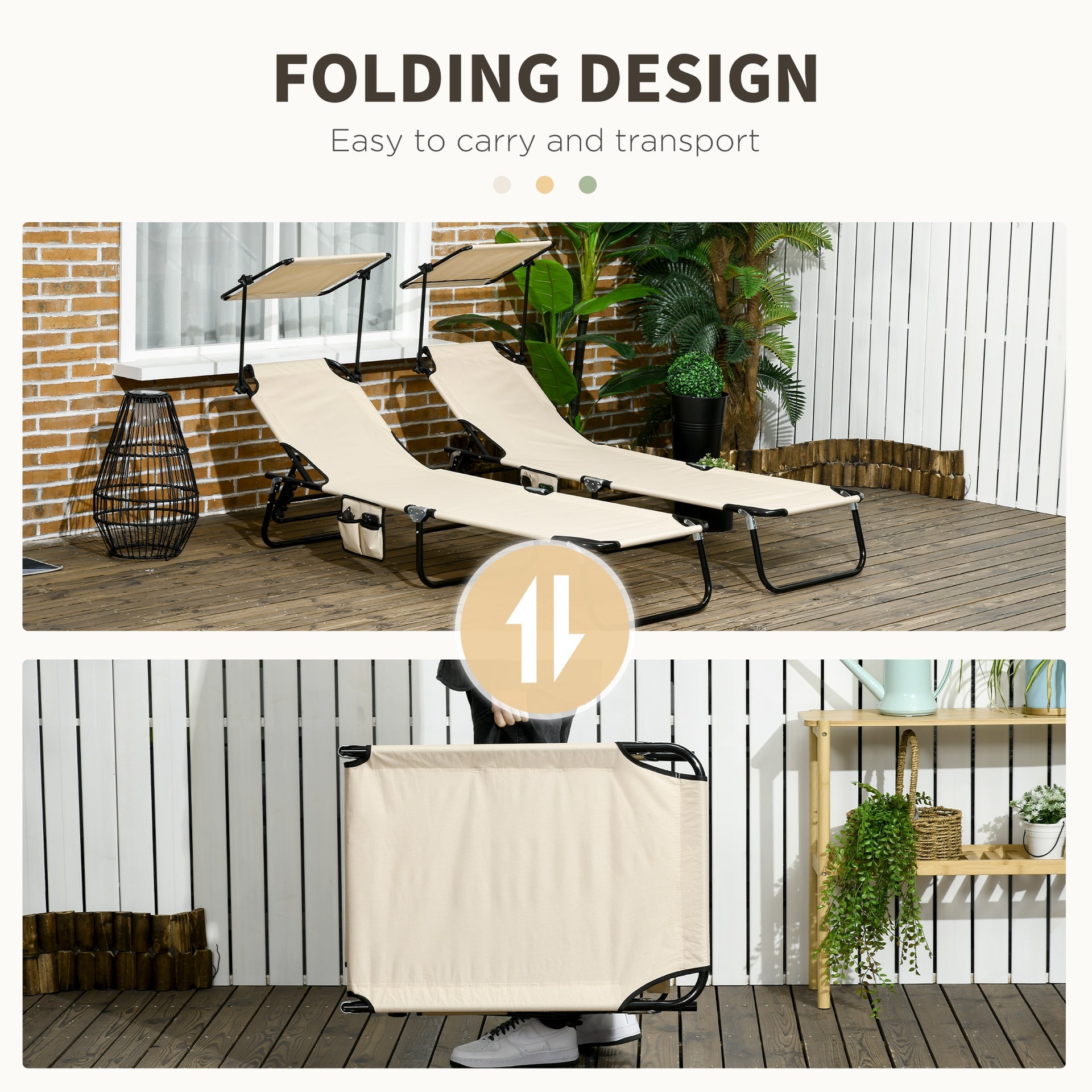 Outsunny Chaise Lounge Pool Lounge Chairs Set of 2, Outdoor Sun Tanning Chairs, Reclining Back, Steel Frame and Side Pocket, Tan