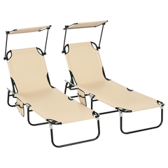 Outsunny Chaise Lounge Pool Lounge Chairs Set of 2, Outdoor Sun Tanning Chairs, Reclining Back, Steel Frame and Side Pocket, Tan