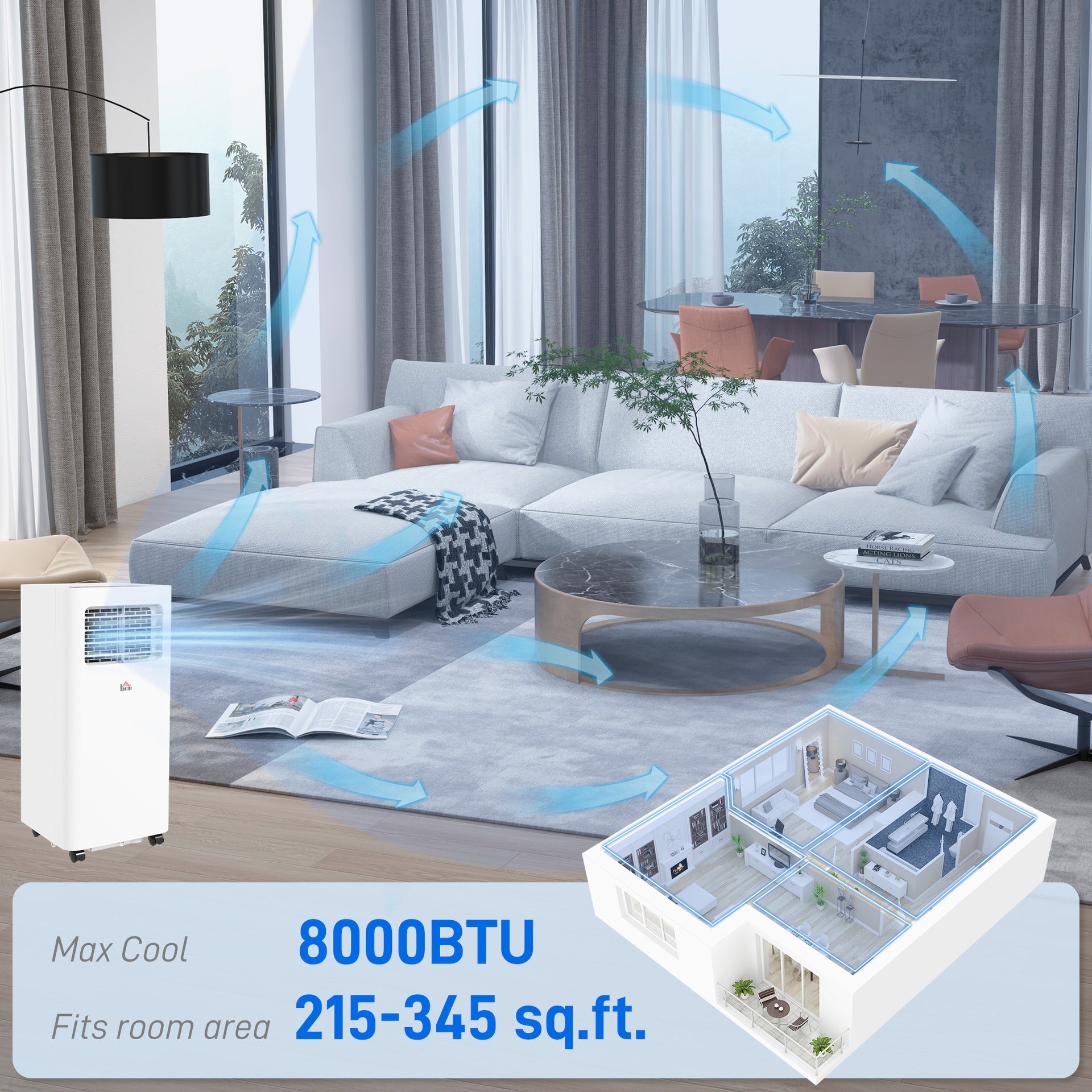 HOMCOM 8000 BTU Mobile Air Conditioner, 345 Sq. Ft., AC Unit with Dehumidifier, Sleep, 24H Timer On/Off, Window Kit, White