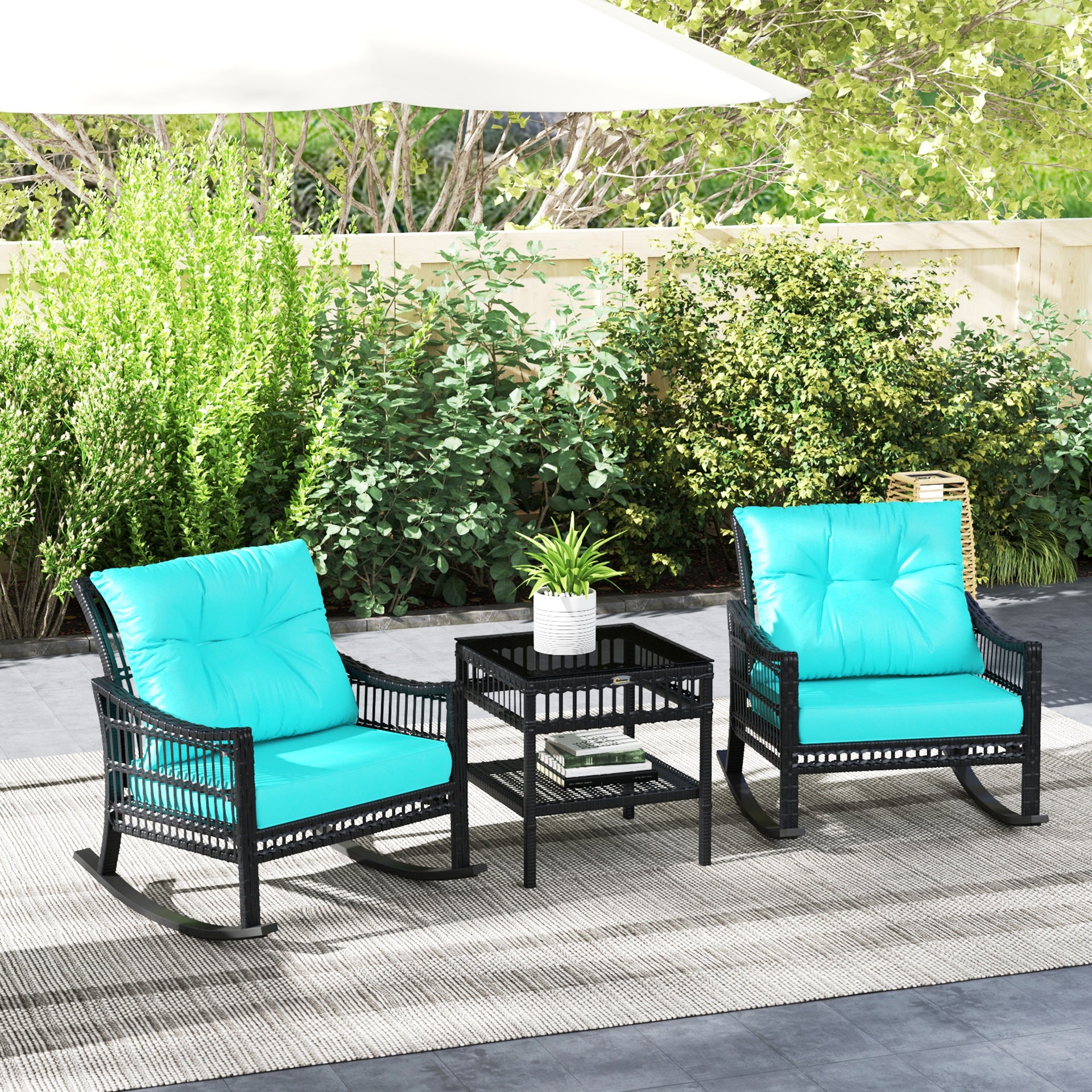 Outsunny 3 Piece Outdoor PE Rattan Rocker Chair Set, Rocking Chair with Tempered Glass Table Top, Turquoise Green