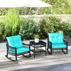 Outsunny 3 Piece Outdoor PE Rattan Rocker Chair Set, Rocking Chair with Tempered Glass Table Top, Turquoise Green