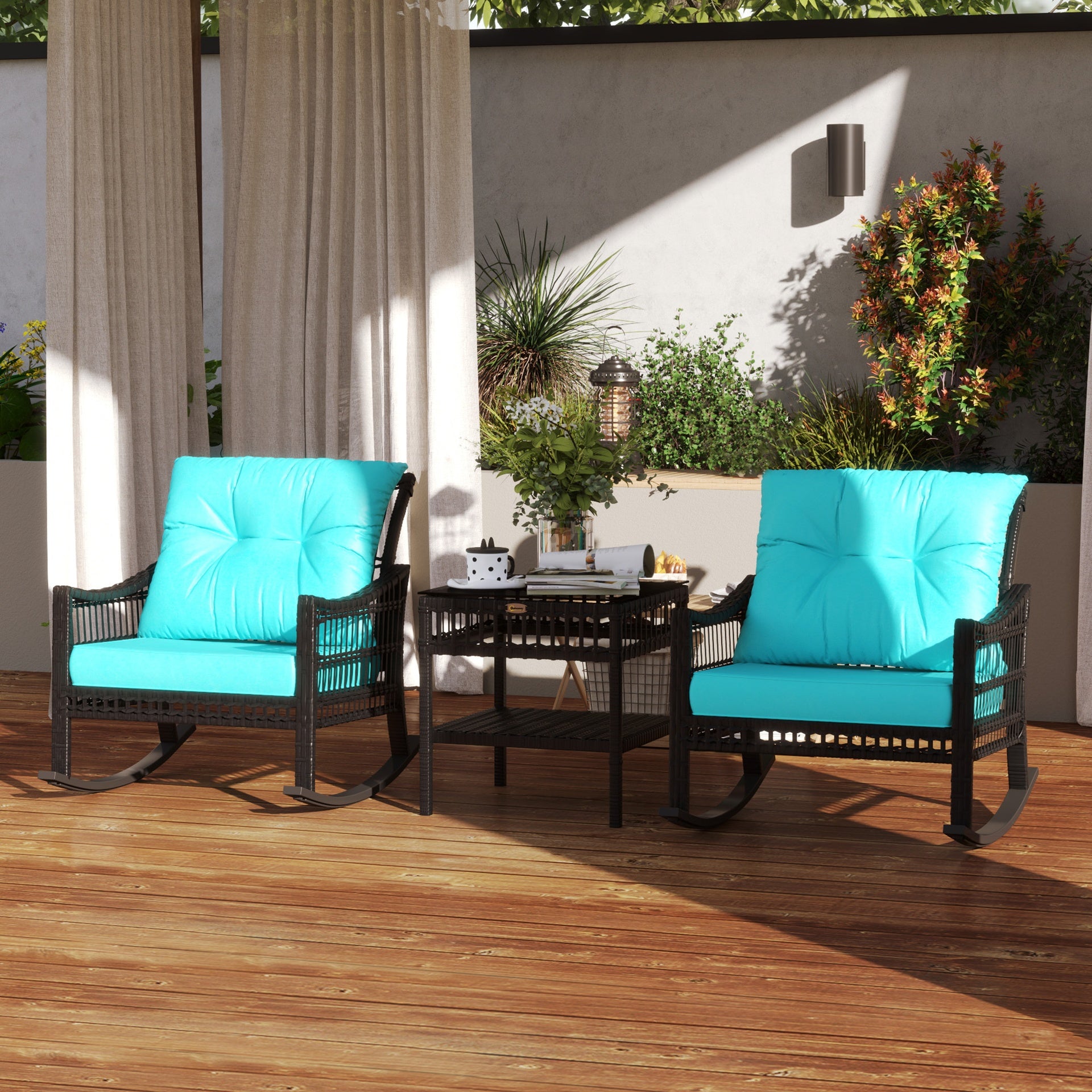 Outsunny 3 Piece Outdoor PE Rattan Rocker Chair Set, Rocking Chair with Tempered Glass Table Top, Turquoise Green