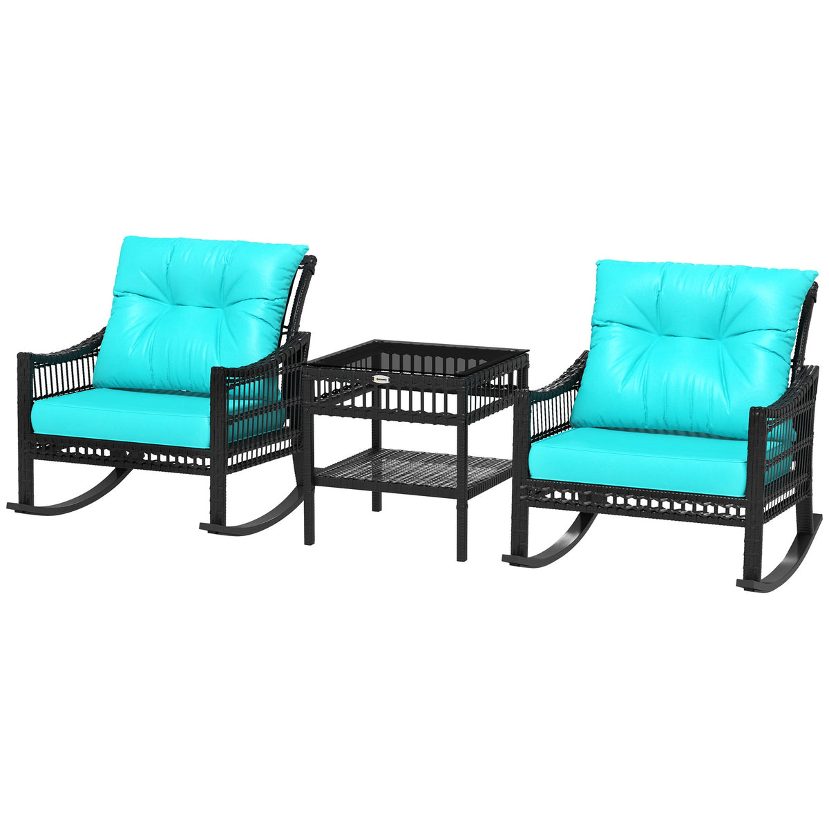 Outsunny 3 Piece Outdoor PE Rattan Rocker Chair Set, Rocking Chair with Tempered Glass Table Top, Turquoise Green