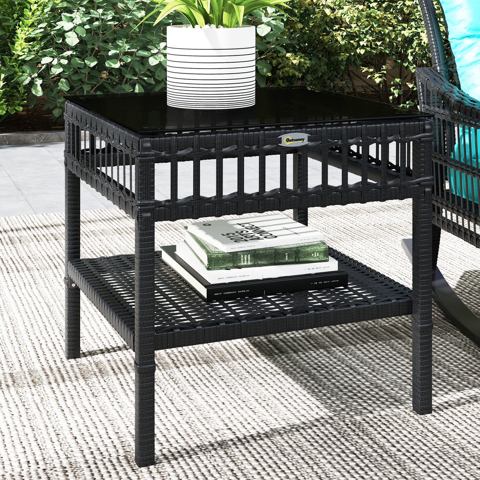 Outsunny 3 Piece Outdoor PE Rattan Rocker Chair Set, Rocking Chair with Tempered Glass Table Top, Turquoise Green