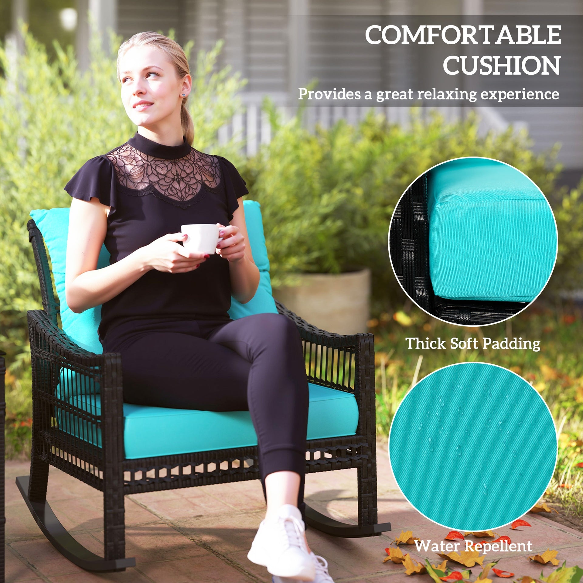 Outsunny 3 Piece Outdoor PE Rattan Rocker Chair Set, Rocking Chair with Tempered Glass Table Top, Turquoise Green