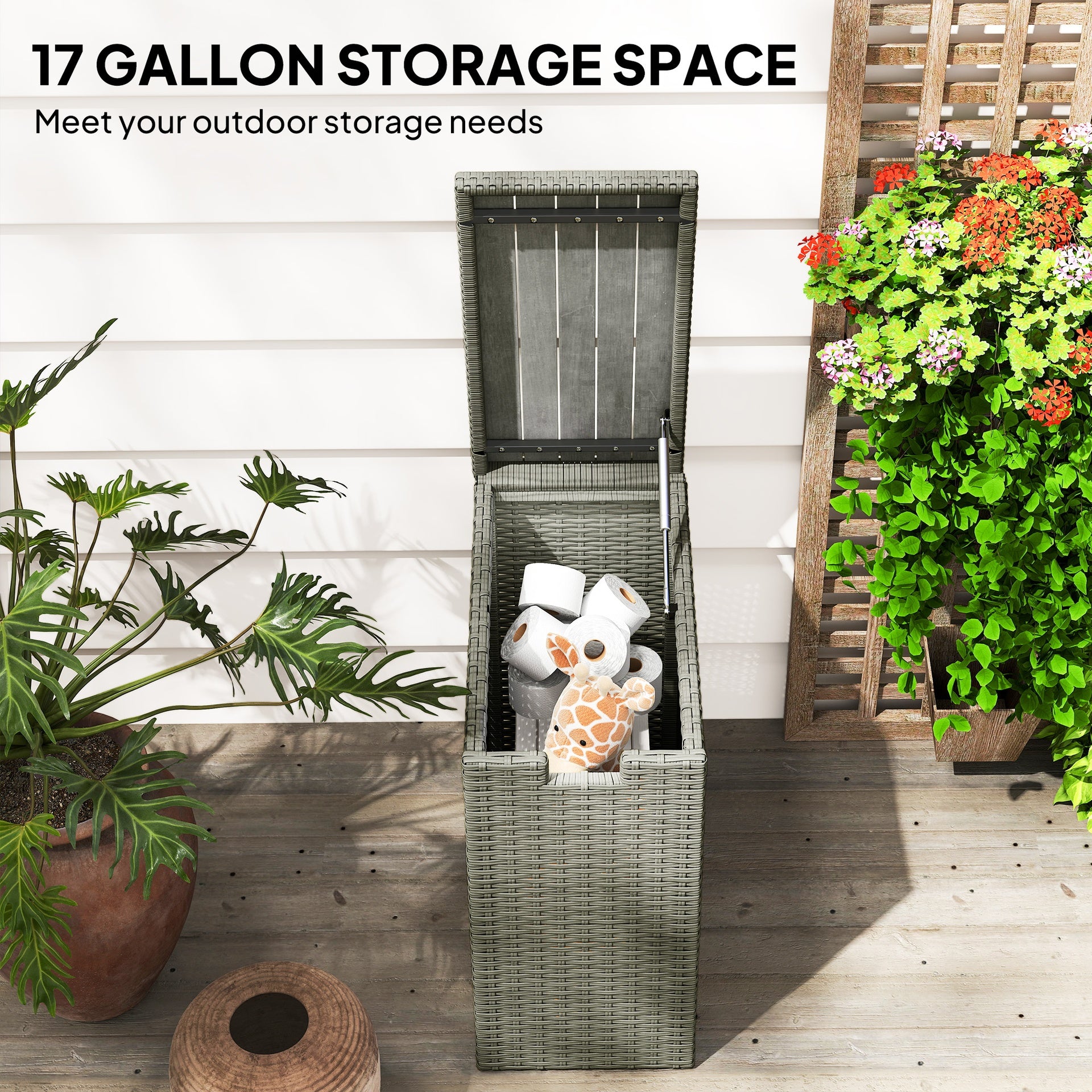 Outsunny 17-Gallon Small Deck Box, Wicker Outdoor Storage Box with Acacia Wood Top for Patio Cushions and Garden Tools, Gray
