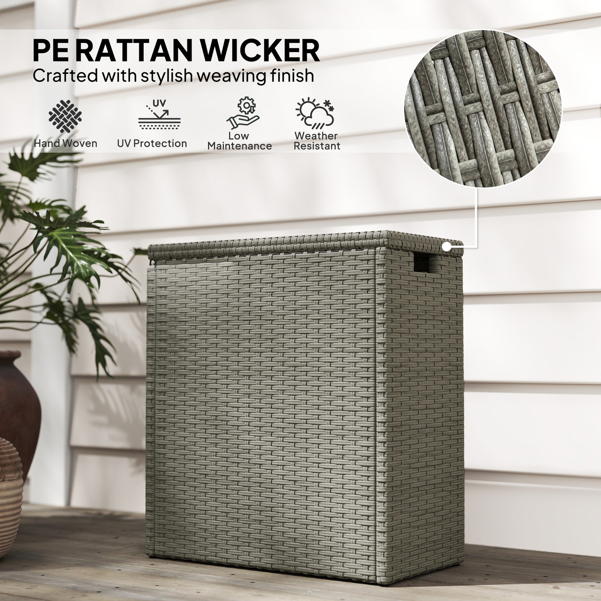 Outsunny 17-Gallon Small Deck Box, Wicker Outdoor Storage Box with Acacia Wood Top for Patio Cushions and Garden Tools, Gray