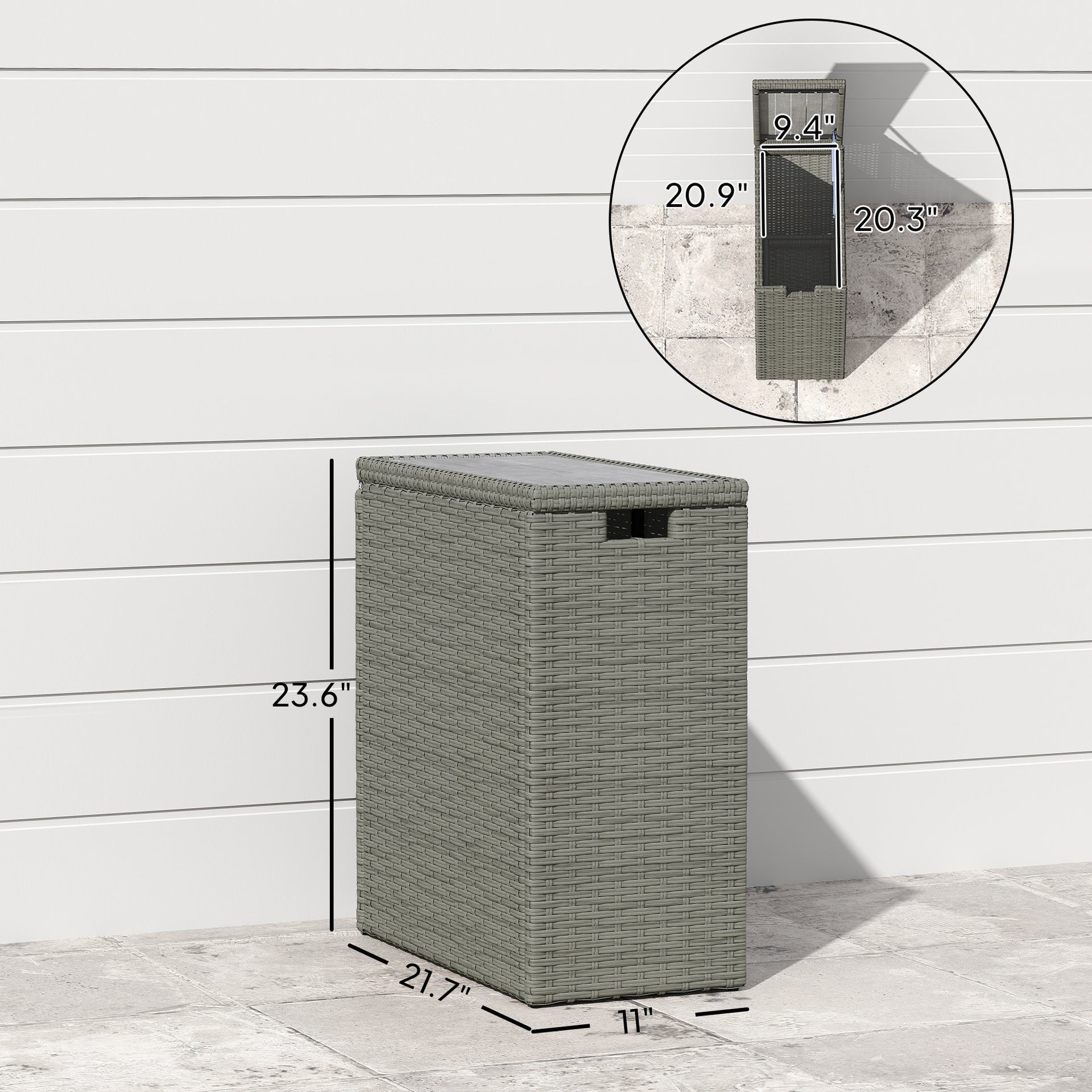 Outsunny 17-Gallon Small Deck Box, Wicker Outdoor Storage Box with Acacia Wood Top for Patio Cushions and Garden Tools, Gray