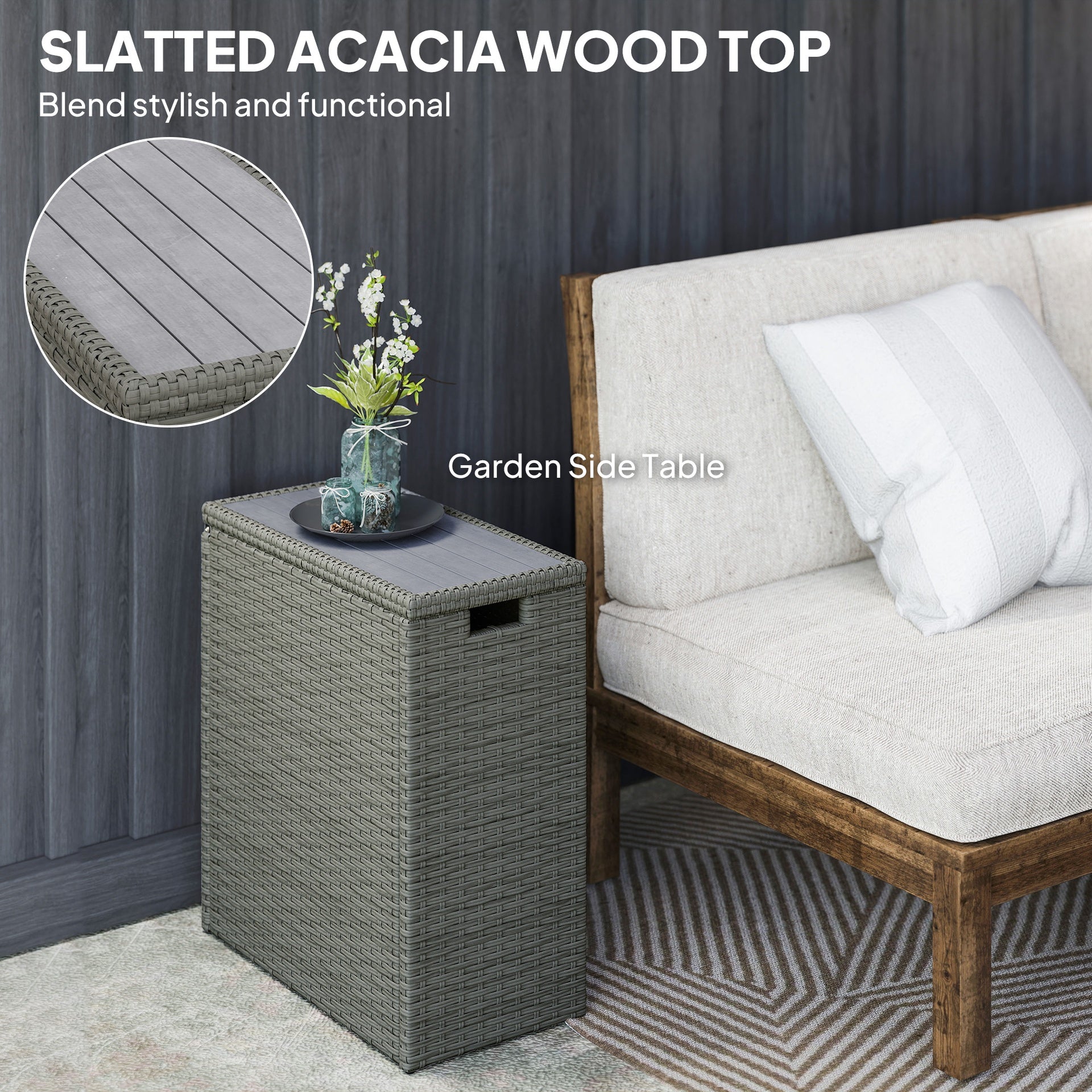 Outsunny 17-Gallon Small Deck Box, Wicker Outdoor Storage Box with Acacia Wood Top for Patio Cushions and Garden Tools, Gray