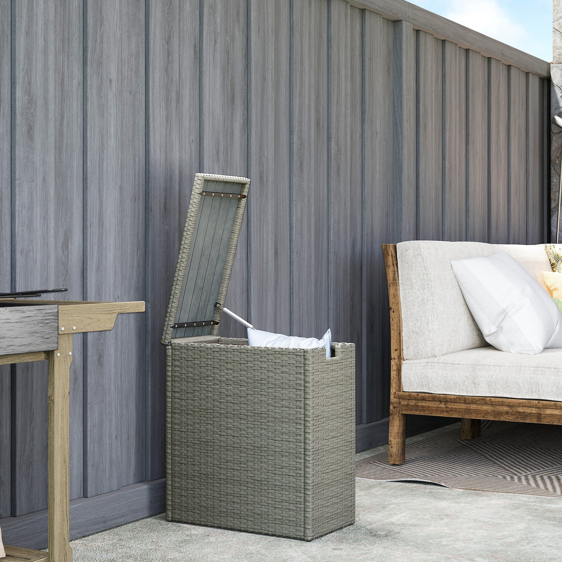 Outsunny 17-Gallon Small Deck Box, Wicker Outdoor Storage Box with Acacia Wood Top for Patio Cushions and Garden Tools, Gray