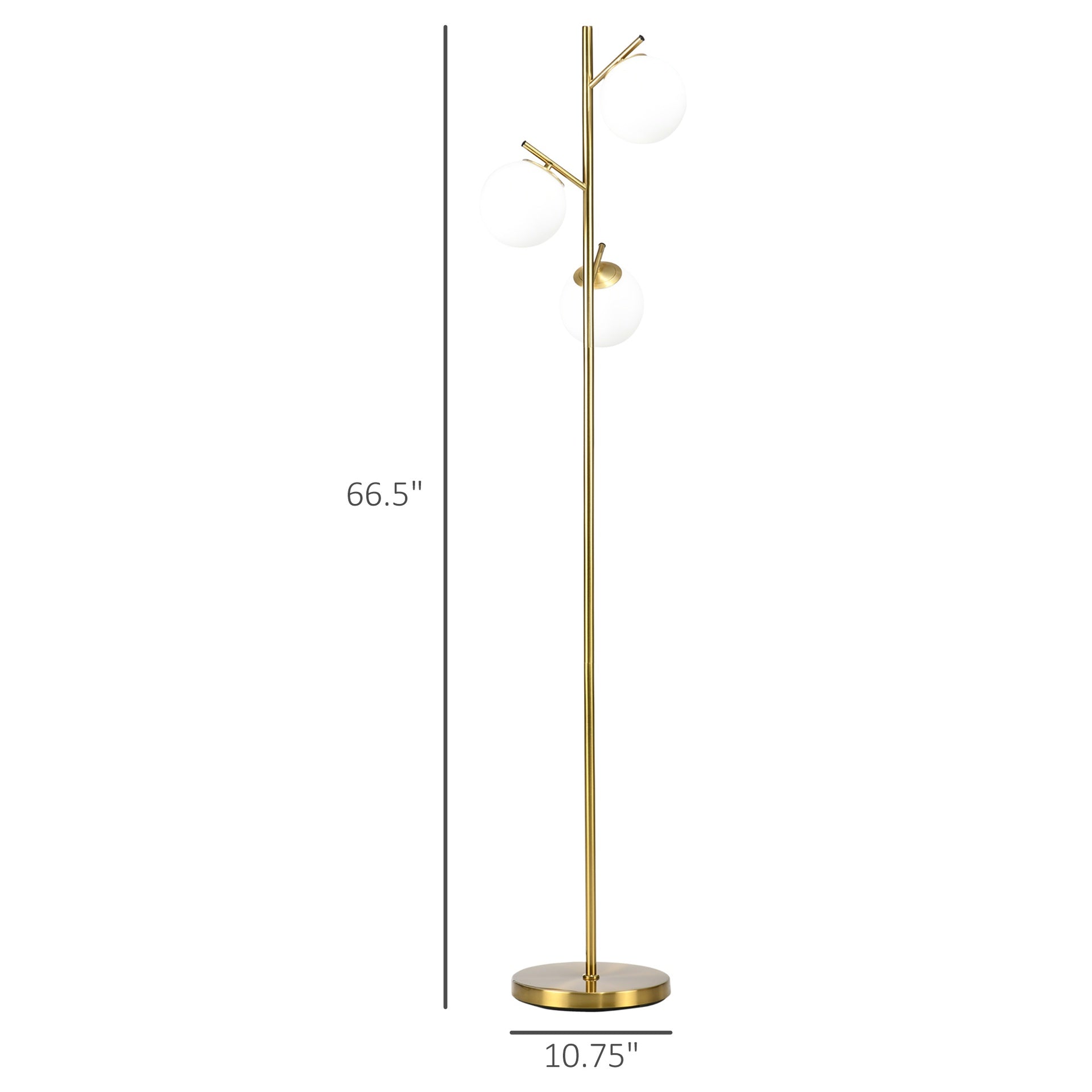 HOMCOM Modern 3-Light Floor Lamp for Living Room, Tree Standing Lamp with Globe Lampshades, 10.75"x10.75"x66.5", Gold