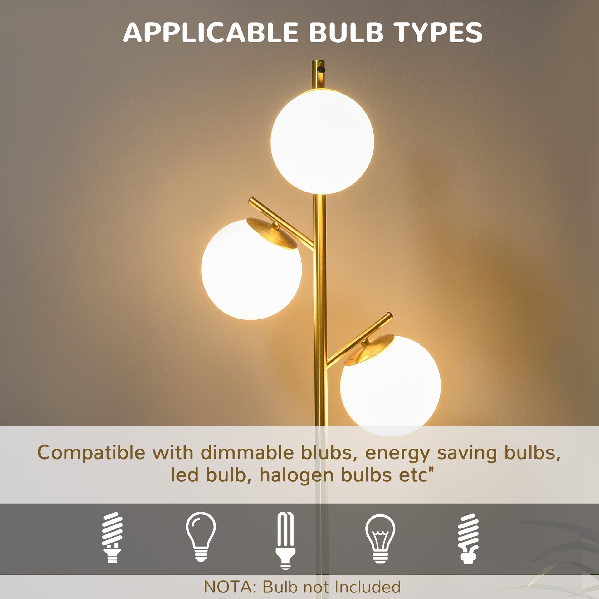 HOMCOM Modern 3-Light Floor Lamp for Living Room, Tree Standing Lamp with Globe Lampshades, 10.75"x10.75"x66.5", Gold