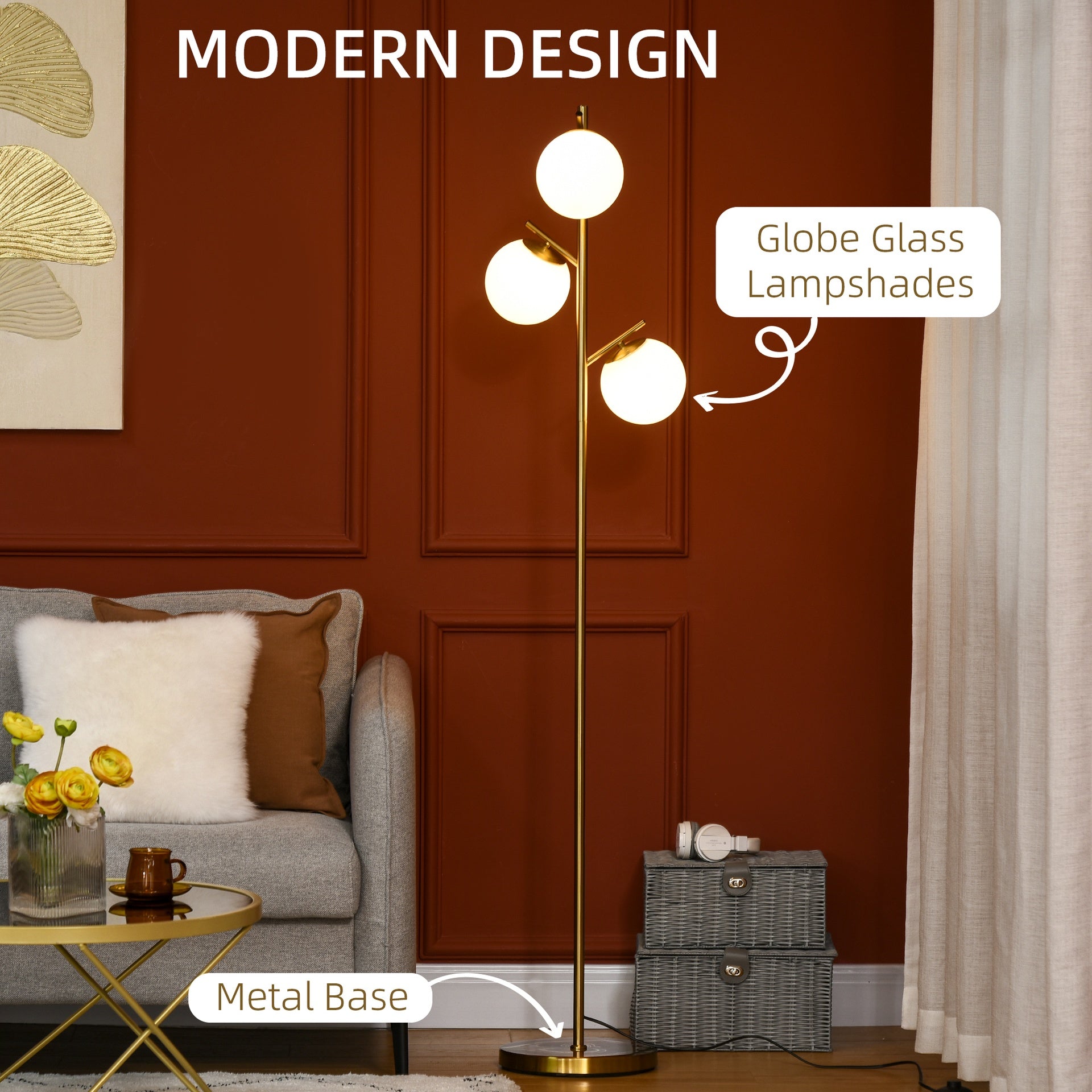 HOMCOM Modern 3-Light Floor Lamp for Living Room, Tree Standing Lamp with Globe Lampshades, 10.75"x10.75"x66.5", Gold