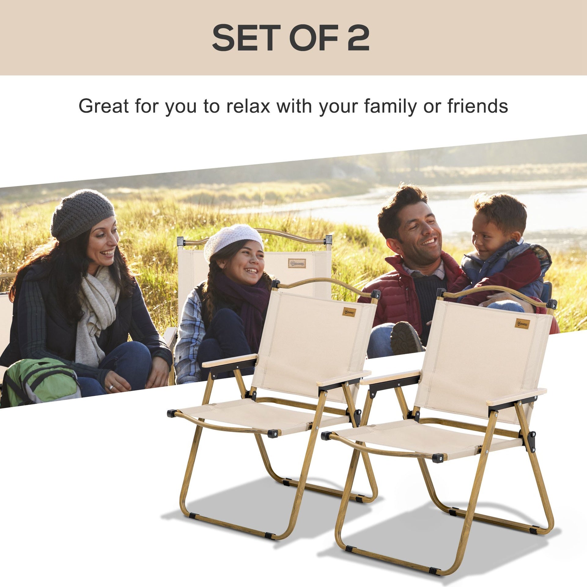 Outsunny 2 Pack Folding Camping Chair, Portable Beach Chairs Armchairs, Perfect for Festivals, Fishing, Picnic and Hiking, Khaki
