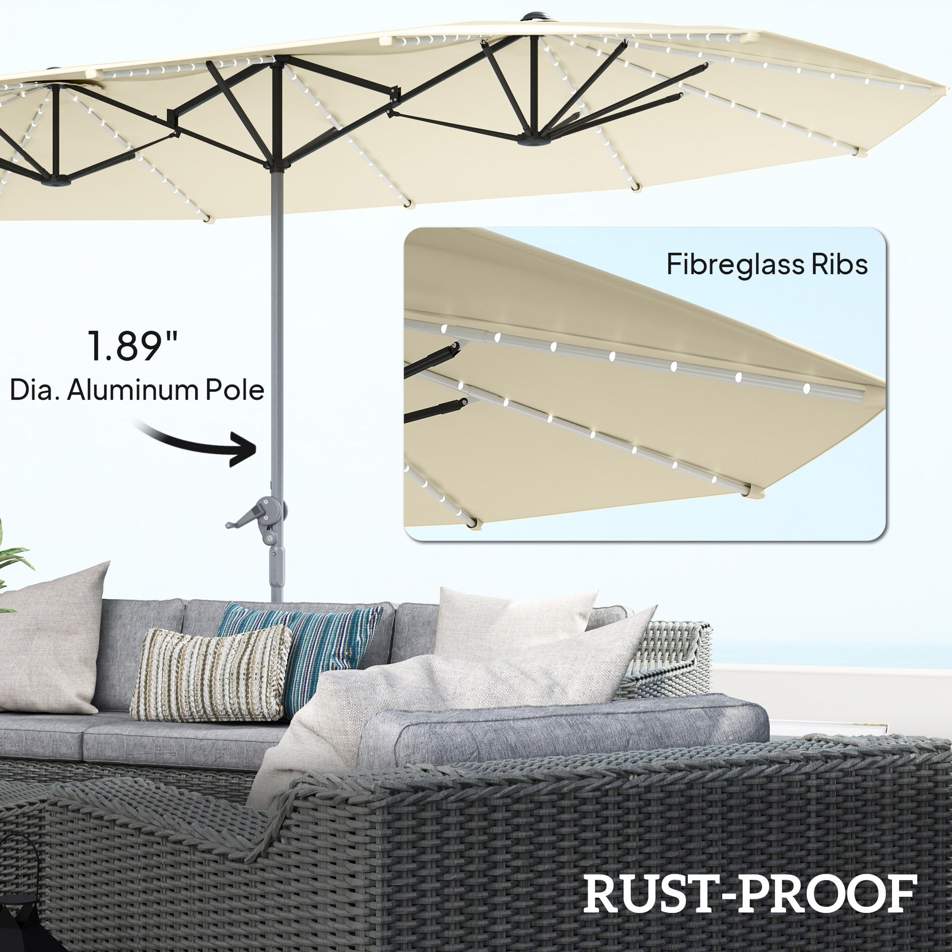Outsunny 15ft Double-Sided Outdoor Umbrella with Solar Lights, UPF50+ Extra Large Aluminum Patio Umbrella with Crank, Cream White
