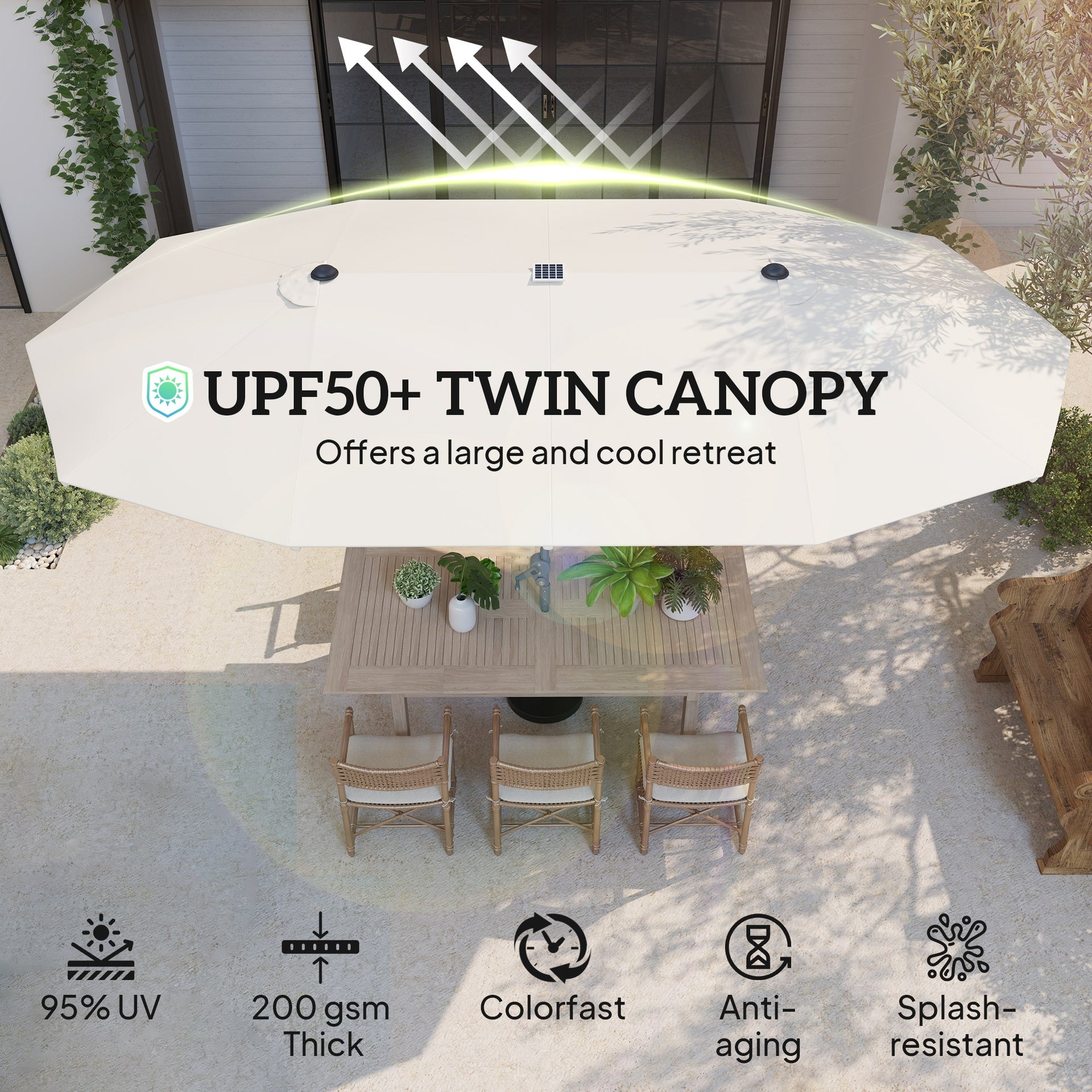 Outsunny 15ft Double-Sided Outdoor Umbrella with Solar Lights, UPF50+ Extra Large Aluminum Patio Umbrella with Crank, Cream White