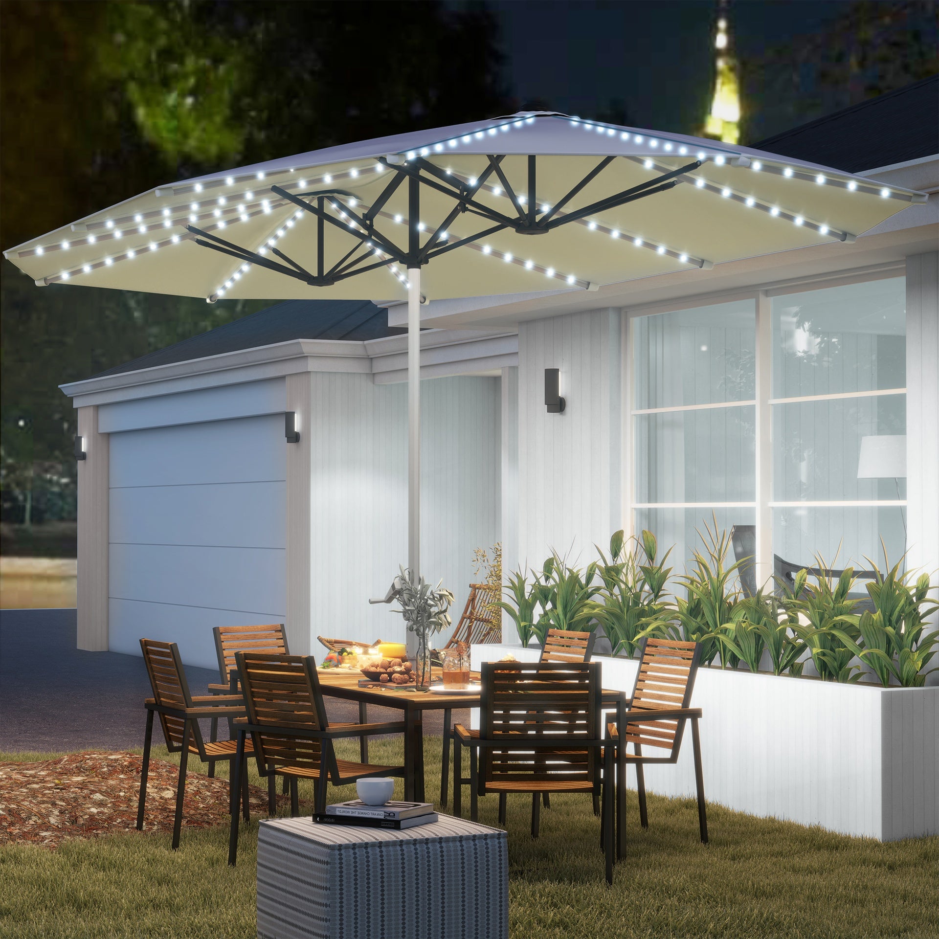 Outsunny 15ft Double-Sided Outdoor Umbrella with Solar Lights, UPF50+ Extra Large Aluminum Patio Umbrella with Crank, Cream White