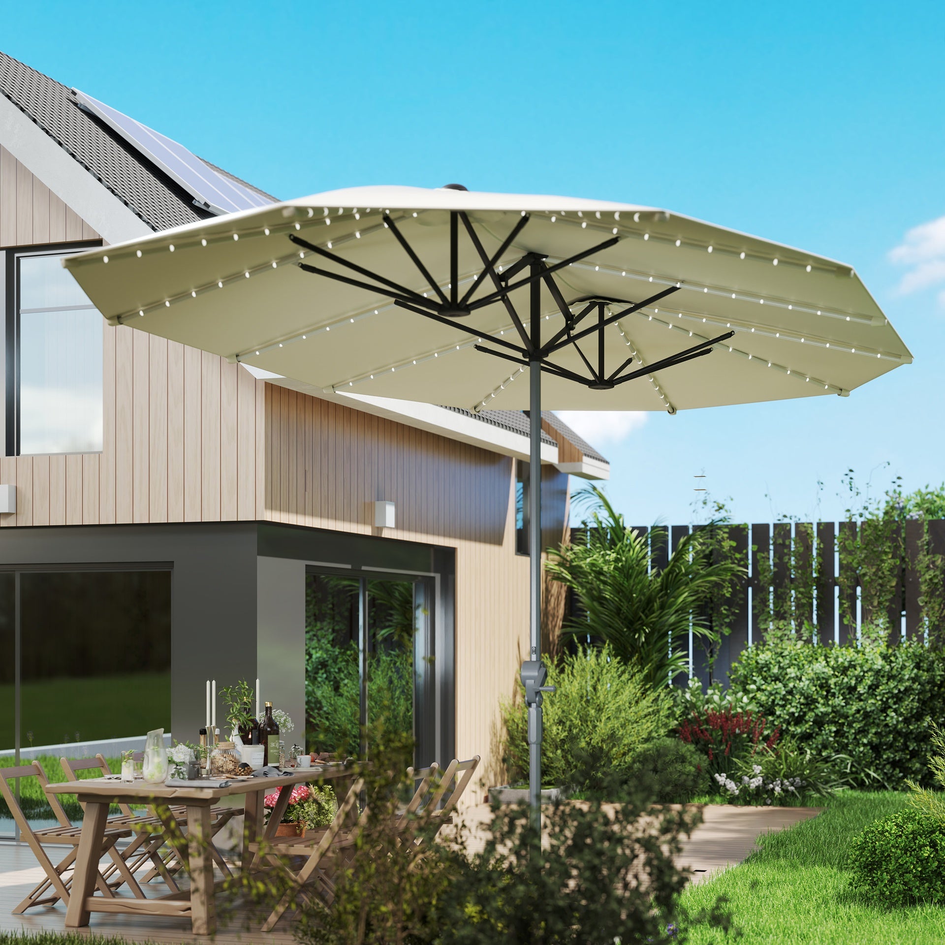 Outsunny 15ft Double-Sided Outdoor Umbrella with Solar Lights, UPF50+ Extra Large Aluminum Patio Umbrella with Crank, Cream White
