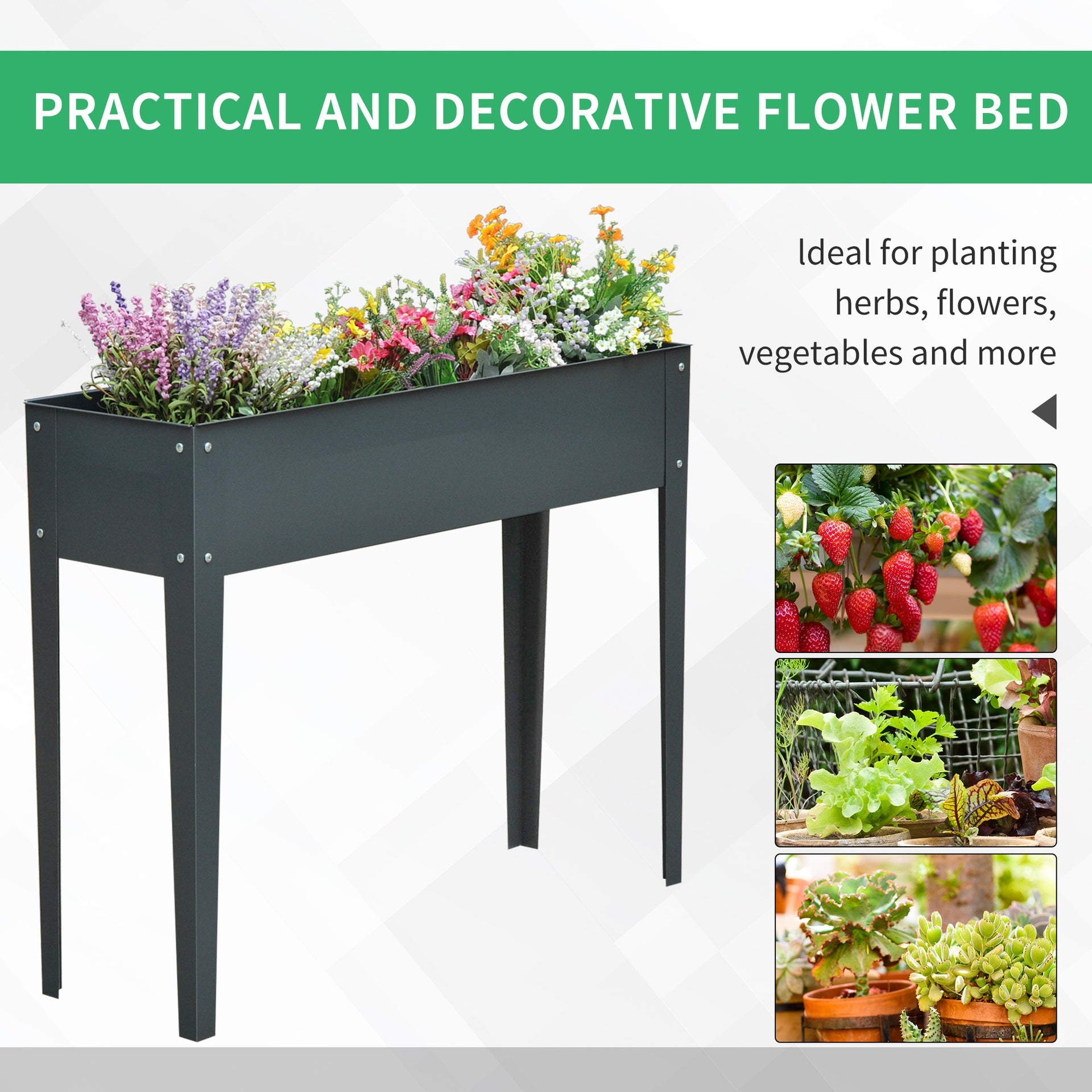 Outsunny Metal Raised Garden Bed, Elevated Planter Box with Legs and Drain Holes, 39" x 12" x 32", Dark Gray