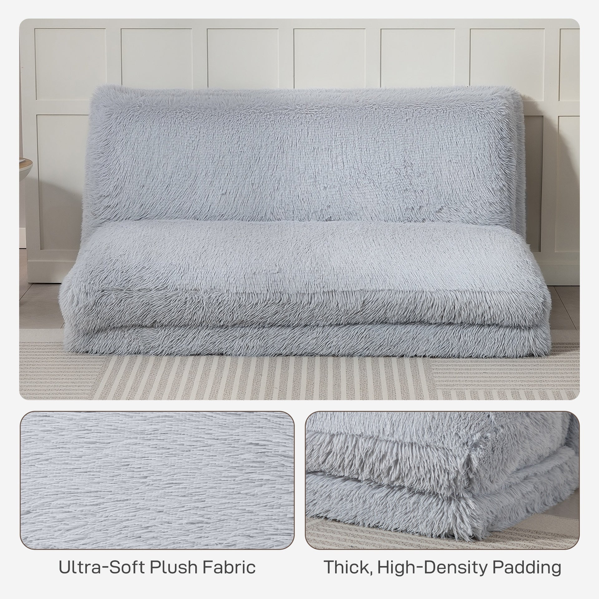 HOMCOM Bean Bag Floor Sofa Bed, Contemporary Plush Wide Folding Floor Mattress, Foam Filling Wall Couch Sleeper, Light Gray