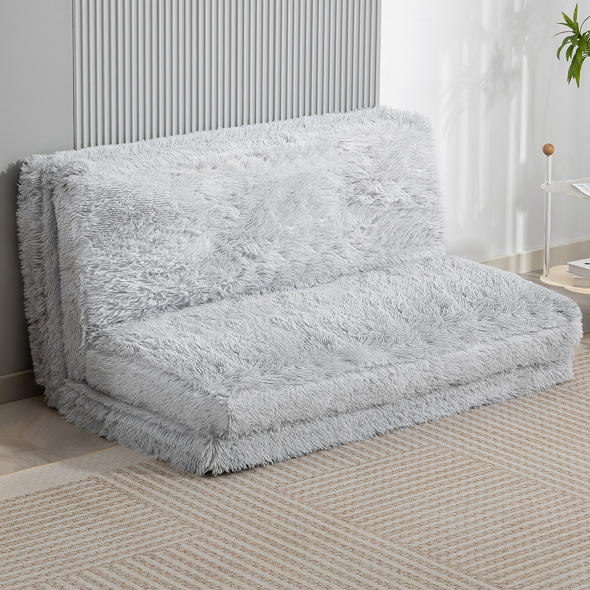 HOMCOM Bean Bag Floor Sofa Bed, Contemporary Plush Wide Folding Floor Mattress, Foam Filling Wall Couch Sleeper, Light Gray
