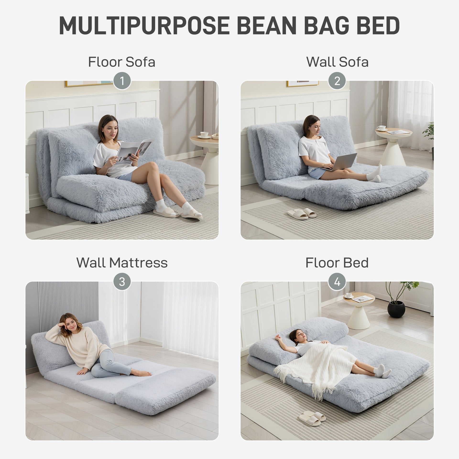 HOMCOM Bean Bag Floor Sofa Bed, Contemporary Plush Wide Folding Floor Mattress, Foam Filling Wall Couch Sleeper, Light Gray