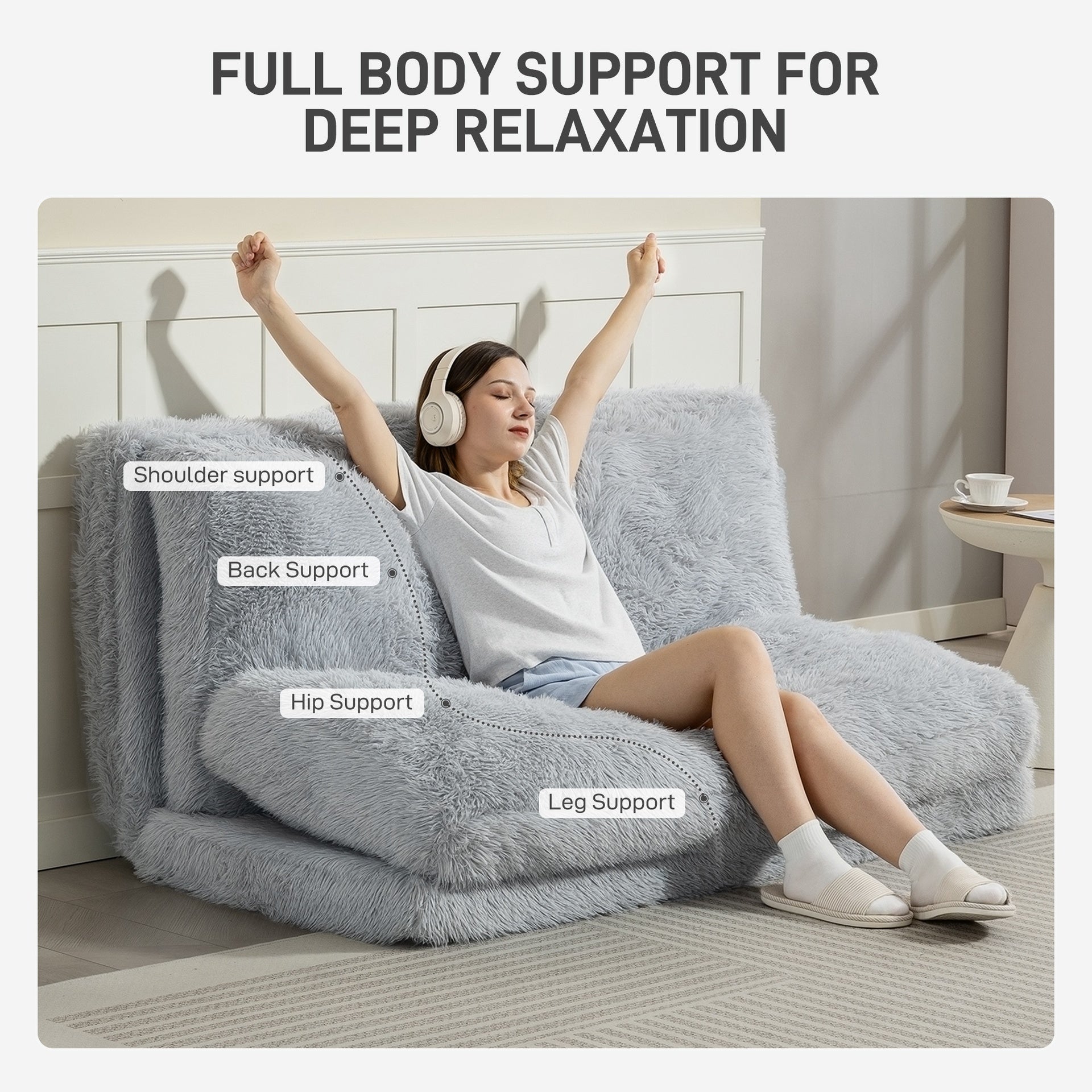 HOMCOM Bean Bag Floor Sofa Bed, Contemporary Plush Wide Folding Floor Mattress, Foam Filling Wall Couch Sleeper, Light Gray