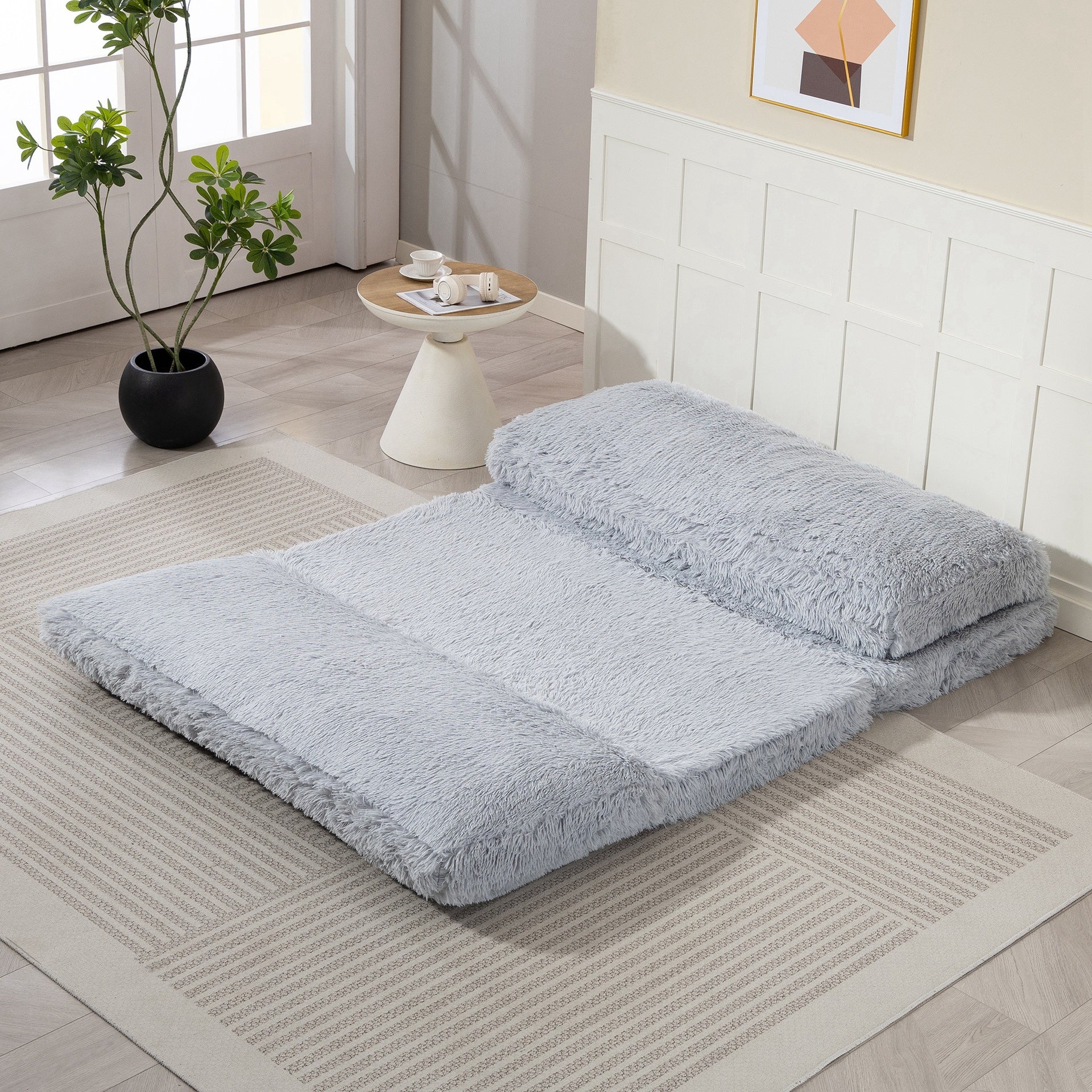 HOMCOM Bean Bag Floor Sofa Bed, Contemporary Plush Wide Folding Floor Mattress, Foam Filling Wall Couch Sleeper, Light Gray