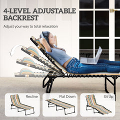 Outsunny Folding Chaise Lounge Pool Chair with 4-Position Reclining Back, Pillow, Breathable Mesh & Bungee Seat, Rainbow Striped
