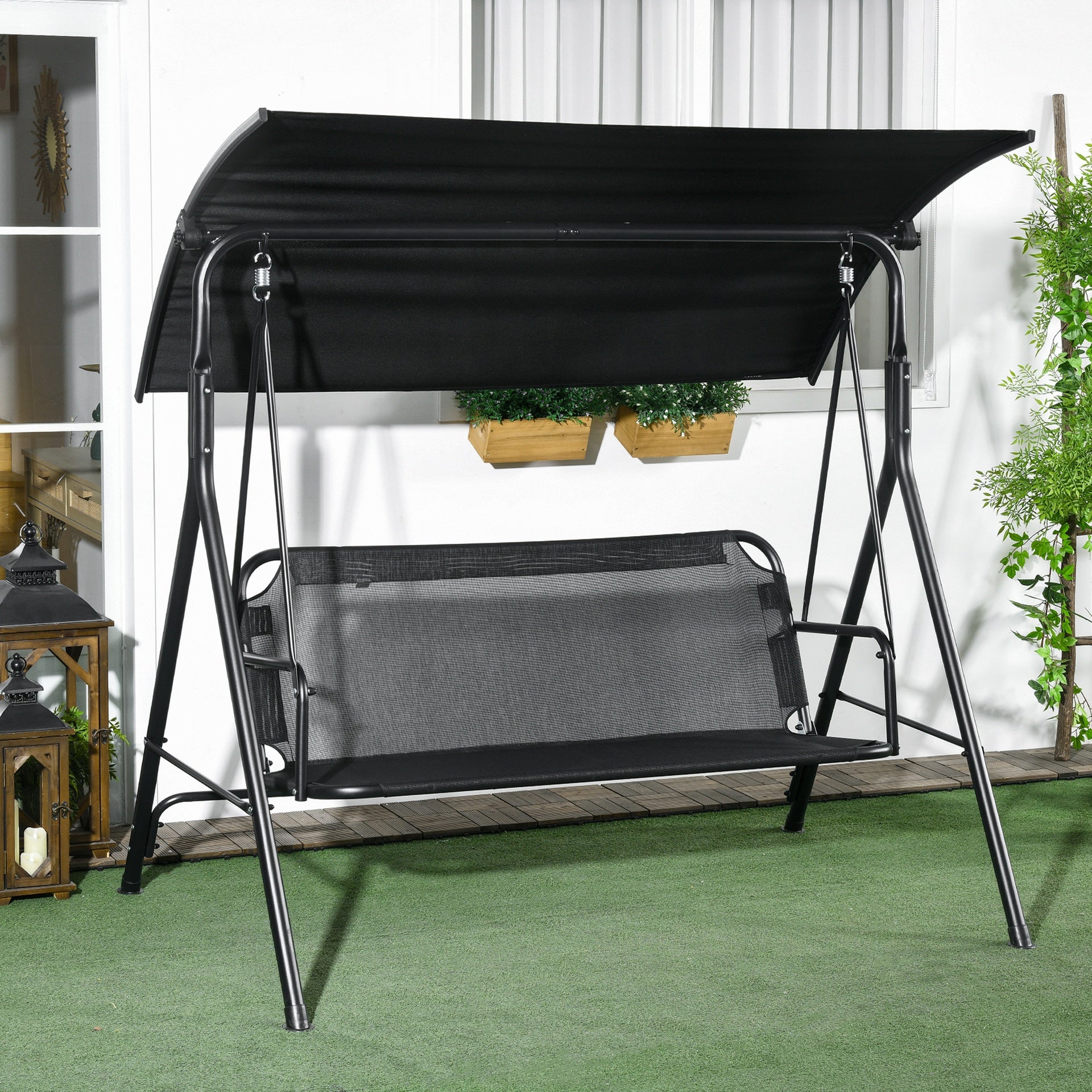 Outsunny 3-Seat Outdoor Patio Swing Chair w/ Cushion, Steel Frame Stand, Adjustable Tilt Canopy for Patio, Garden, Black 1