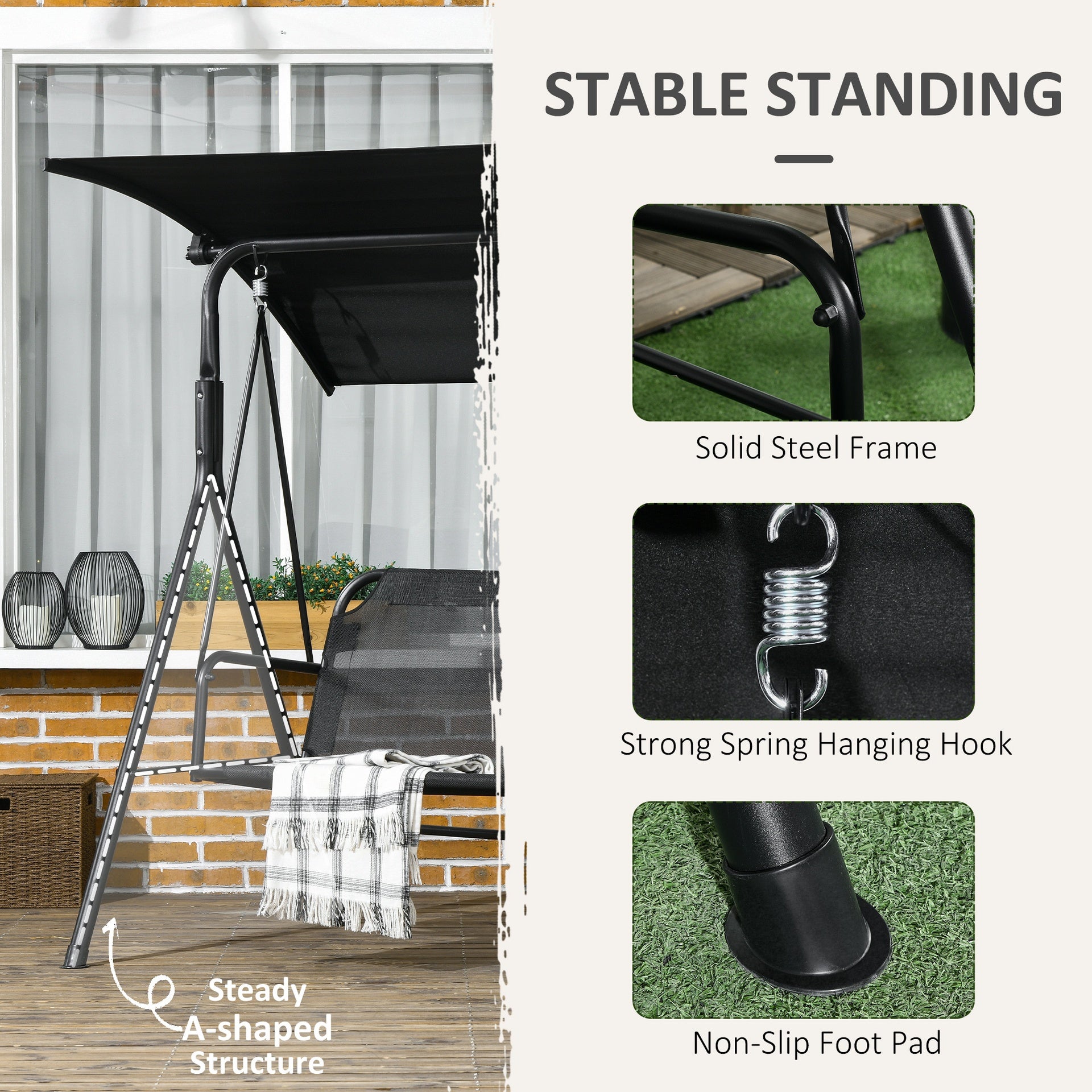 Outsunny 3-Seat Outdoor Patio Swing Chair w/ Cushion, Steel Frame Stand, Adjustable Tilt Canopy for Patio, Garden, Black 1