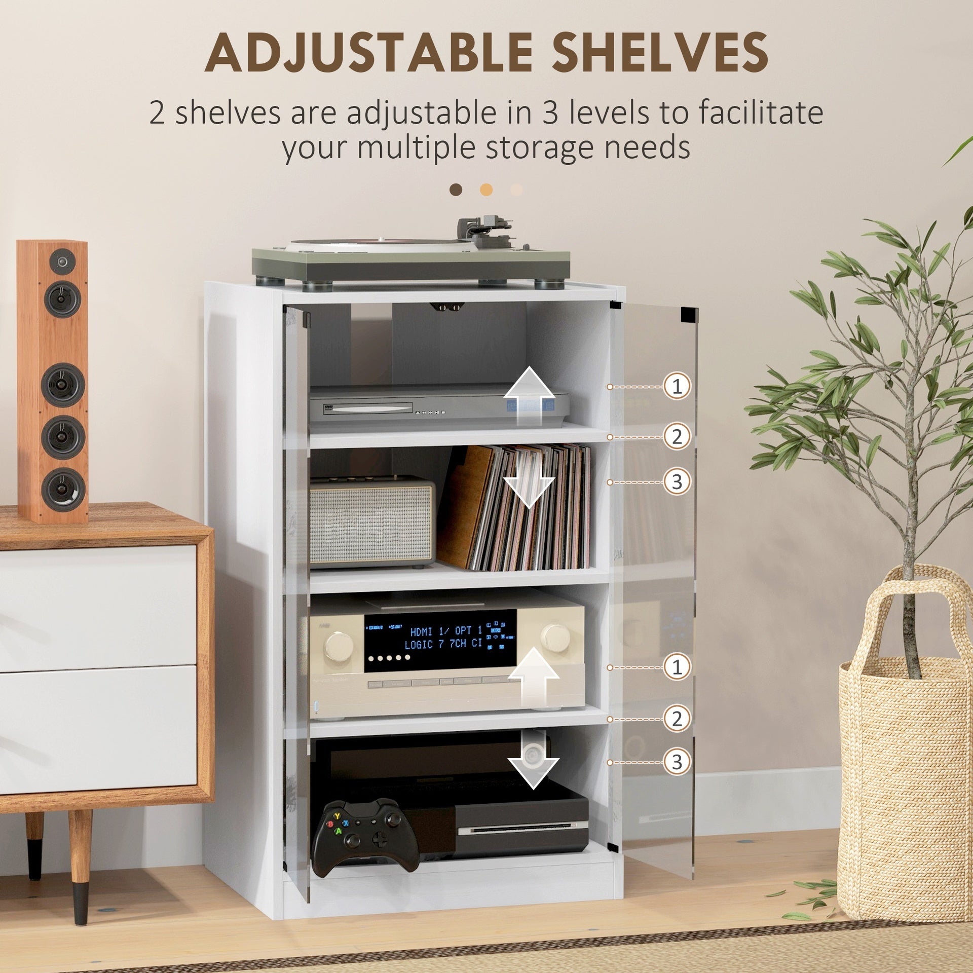 HOMCOM 4-Tier Media Cabinet, Media Stand with Adjustable Shelves, Tempered Glass Doors, and Cable Management, Distressed White