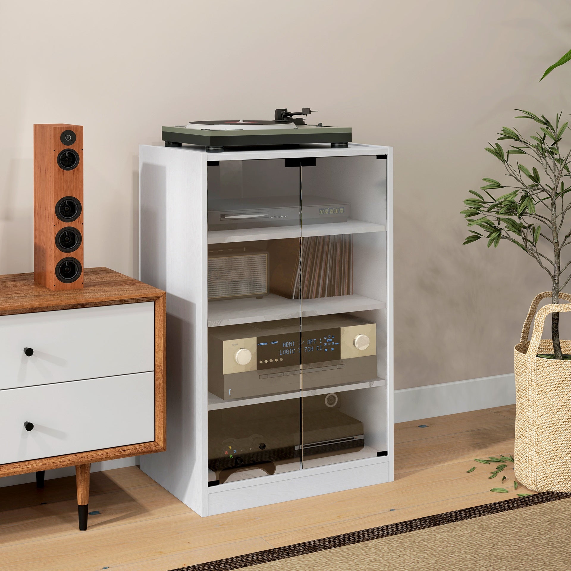 HOMCOM 4-Tier Media Cabinet, Media Stand with Adjustable Shelves, Tempered Glass Doors, and Cable Management, Distressed White