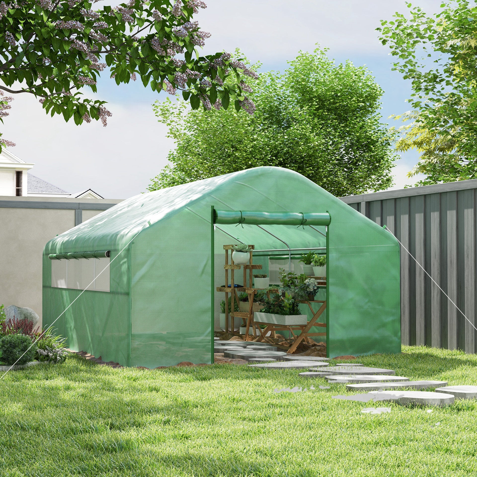 Outsunny 13' x 10' x 6.5' Tunnel Greenhouse Hoop House with Upgraded Galvanized Steel Frame and Large Windows, Green