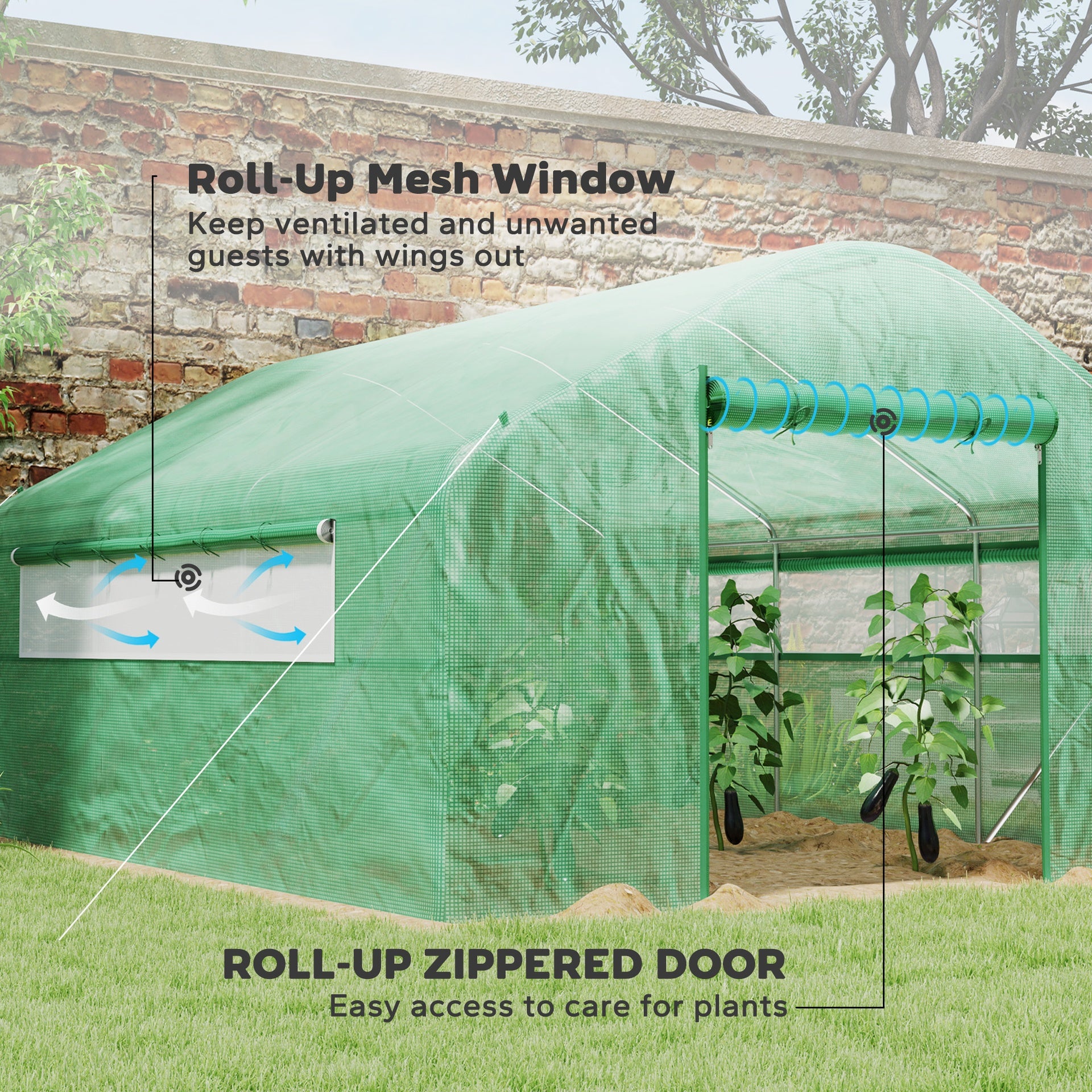 Outsunny 13' x 10' x 6.5' Tunnel Greenhouse Hoop House with Upgraded Galvanized Steel Frame and Large Windows, Green