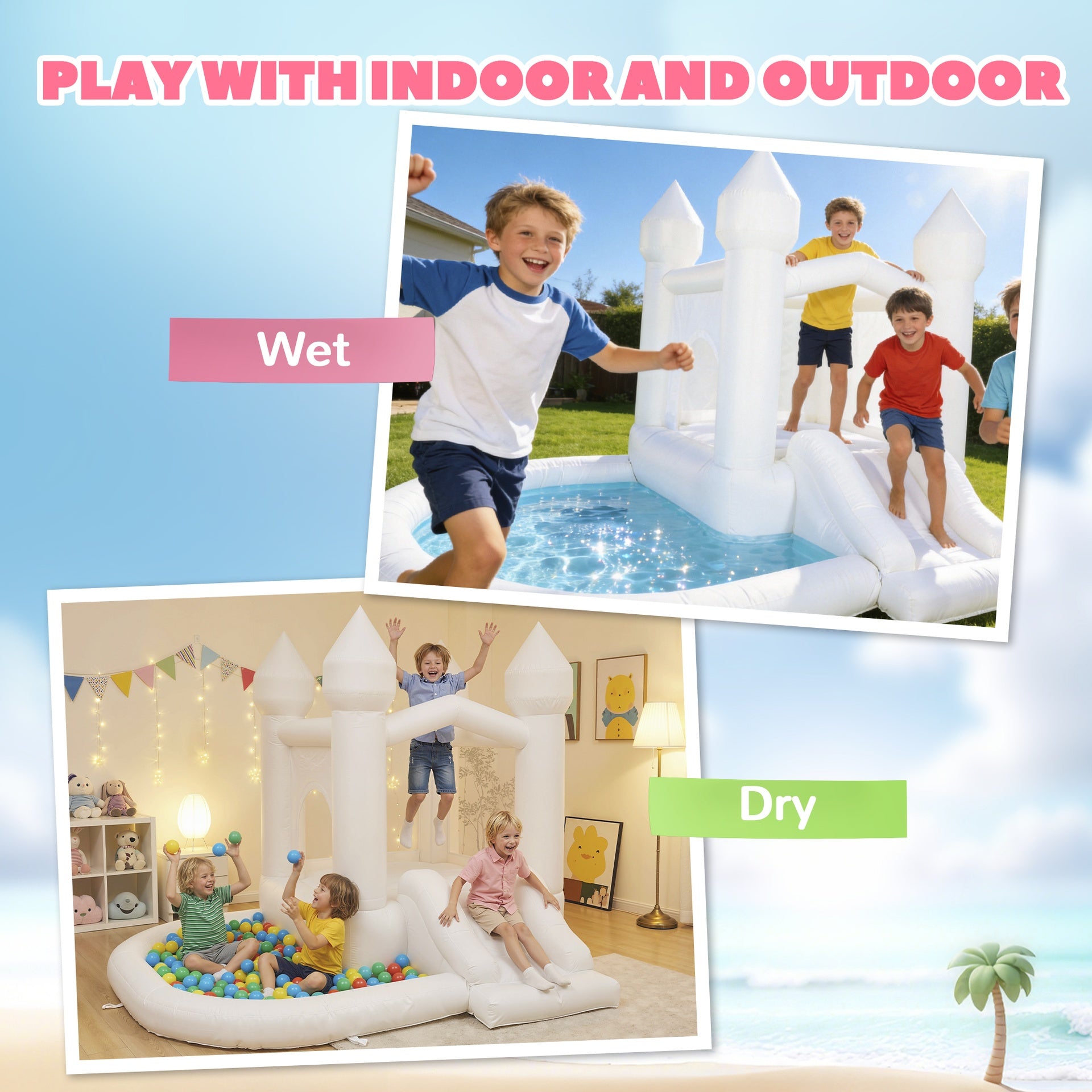 Qaba Inflatable Bounce House, 3-in-1 White Castle Bouncy House with Slide, Ball Pit and 370W Blower for Kids Ages 3-8, White