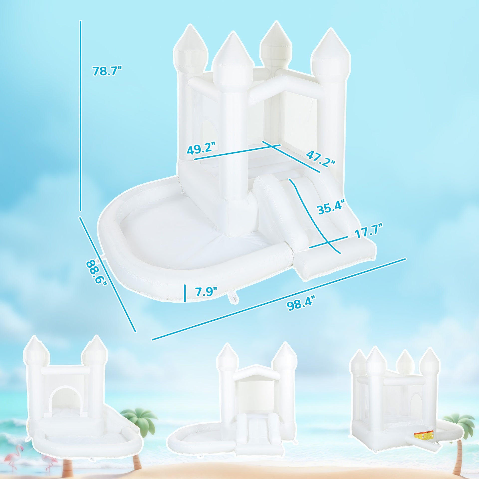Qaba Inflatable Bounce House, 3-in-1 White Castle Bouncy House with Slide, Ball Pit and 370W Blower for Kids Ages 3-8, White