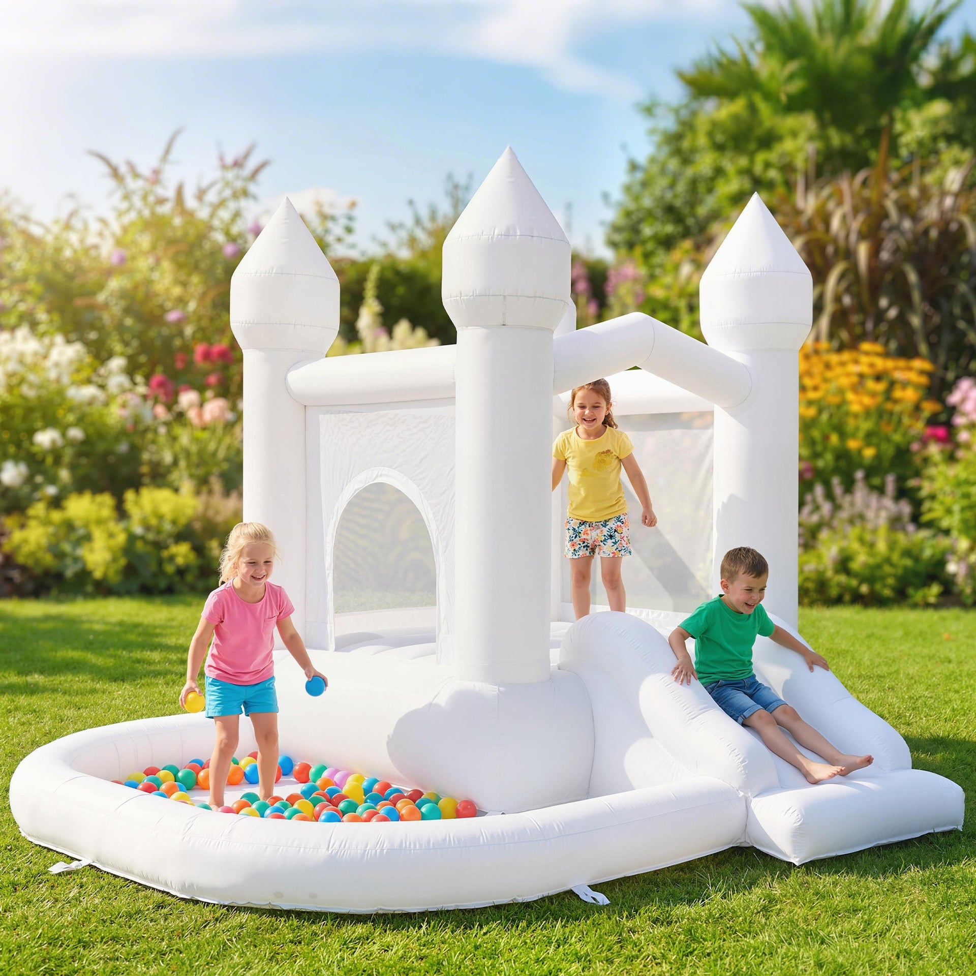 Qaba Inflatable Bounce House, 3-in-1 White Castle Bouncy House with Slide, Ball Pit and 370W Blower for Kids Ages 3-8, White