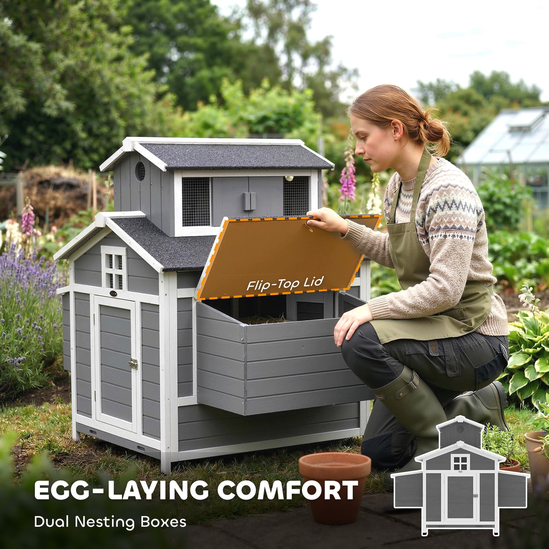PawHut Chicken Coop for 2 Chickens, Wooden Hen House with Nesting Box, Pull-Out Tray, Ventilation Windows